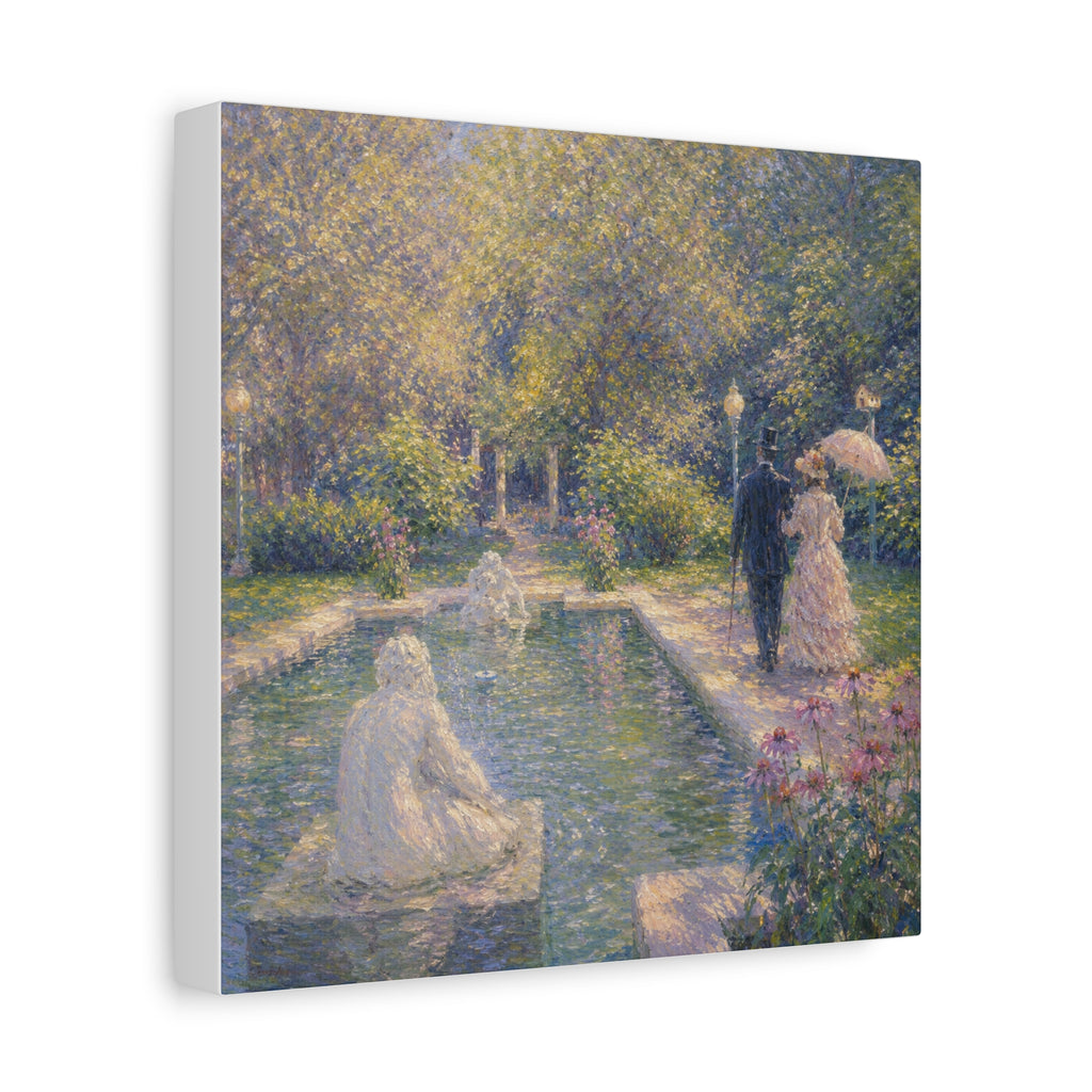 Impressionist Garden Stroll Matte Canvas Wall Art — Victorian Couple by Congress Park Fountain