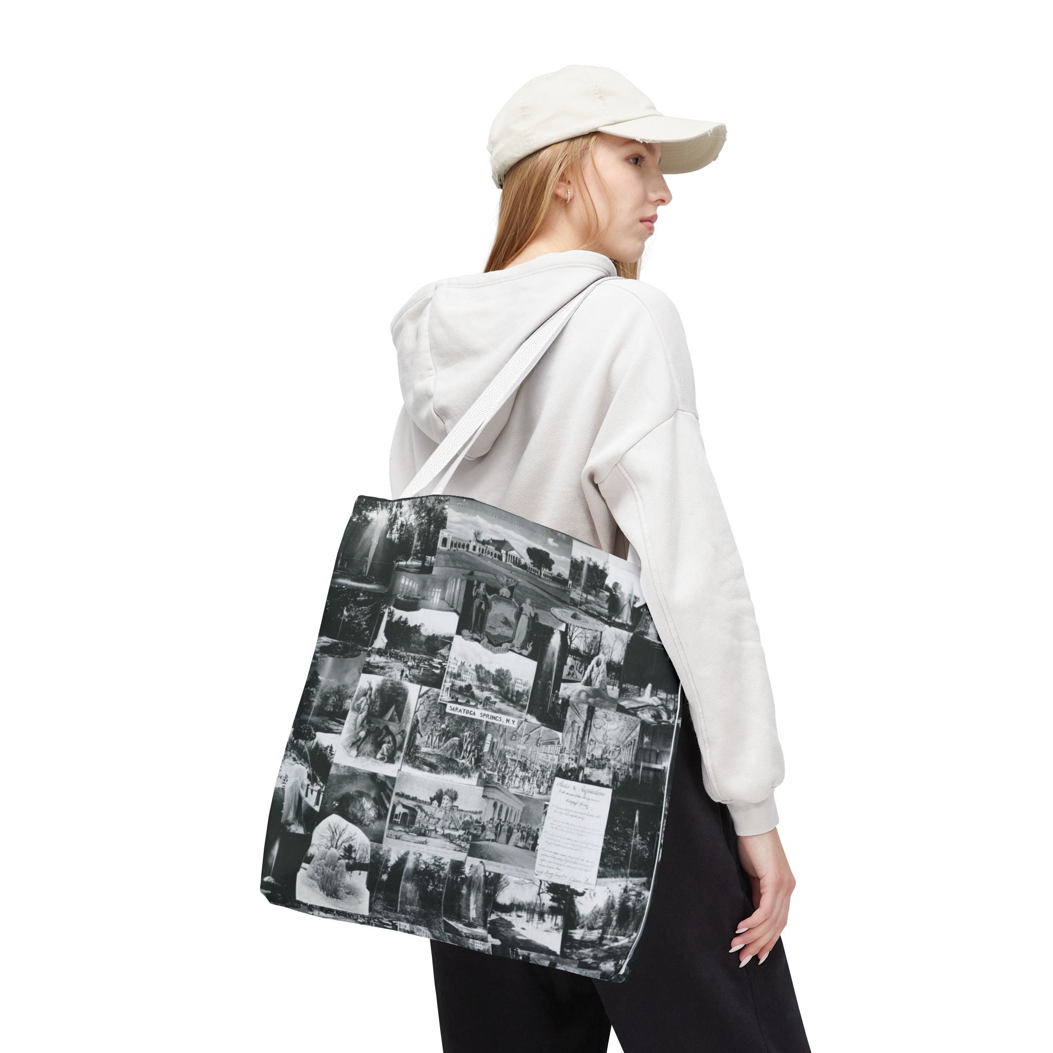 Saratoga Springs Vintage Photo Collage Tote Bag — Black & White Souvenir