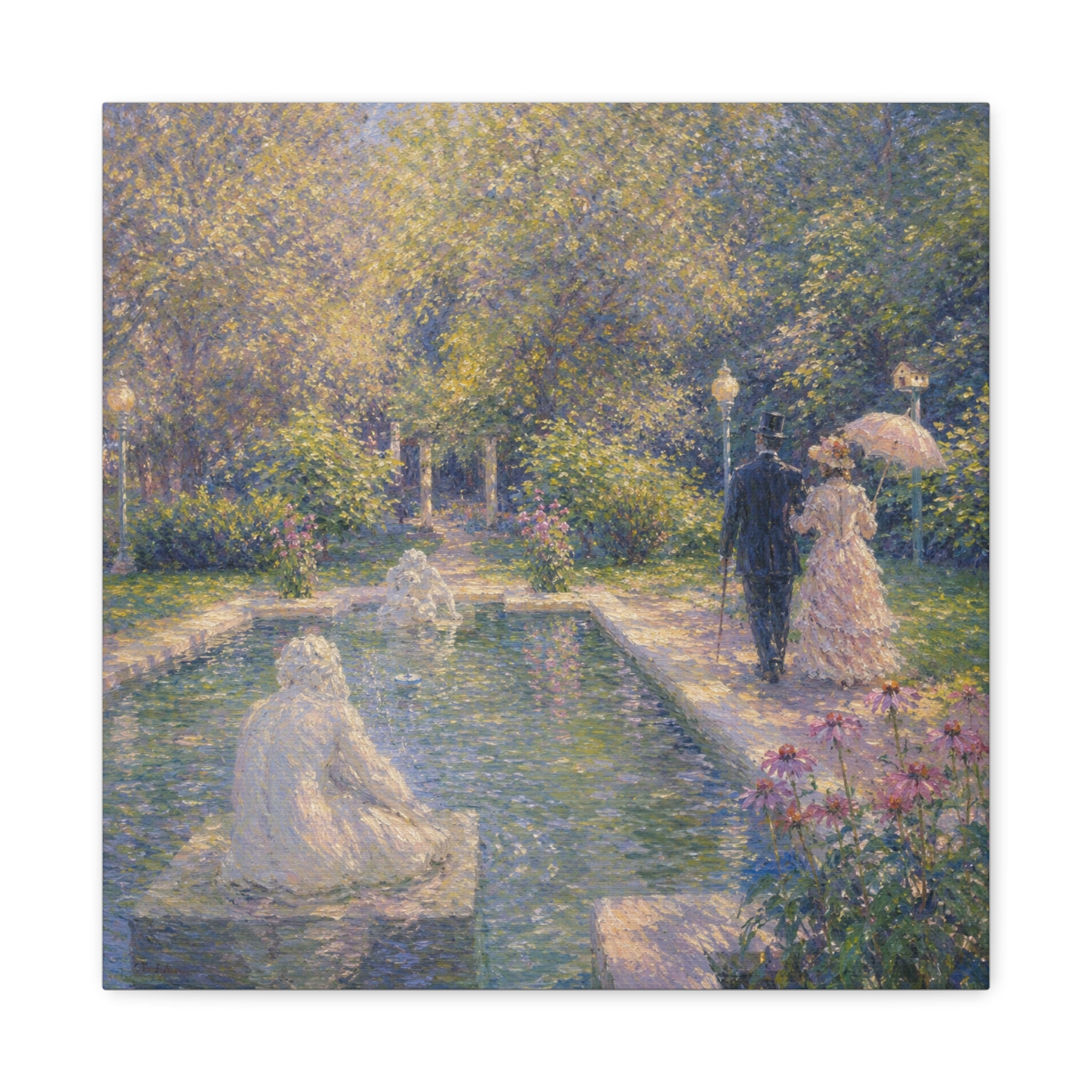 Impressionist Garden Stroll Matte Canvas Wall Art — Victorian Couple by Congress Park Fountain