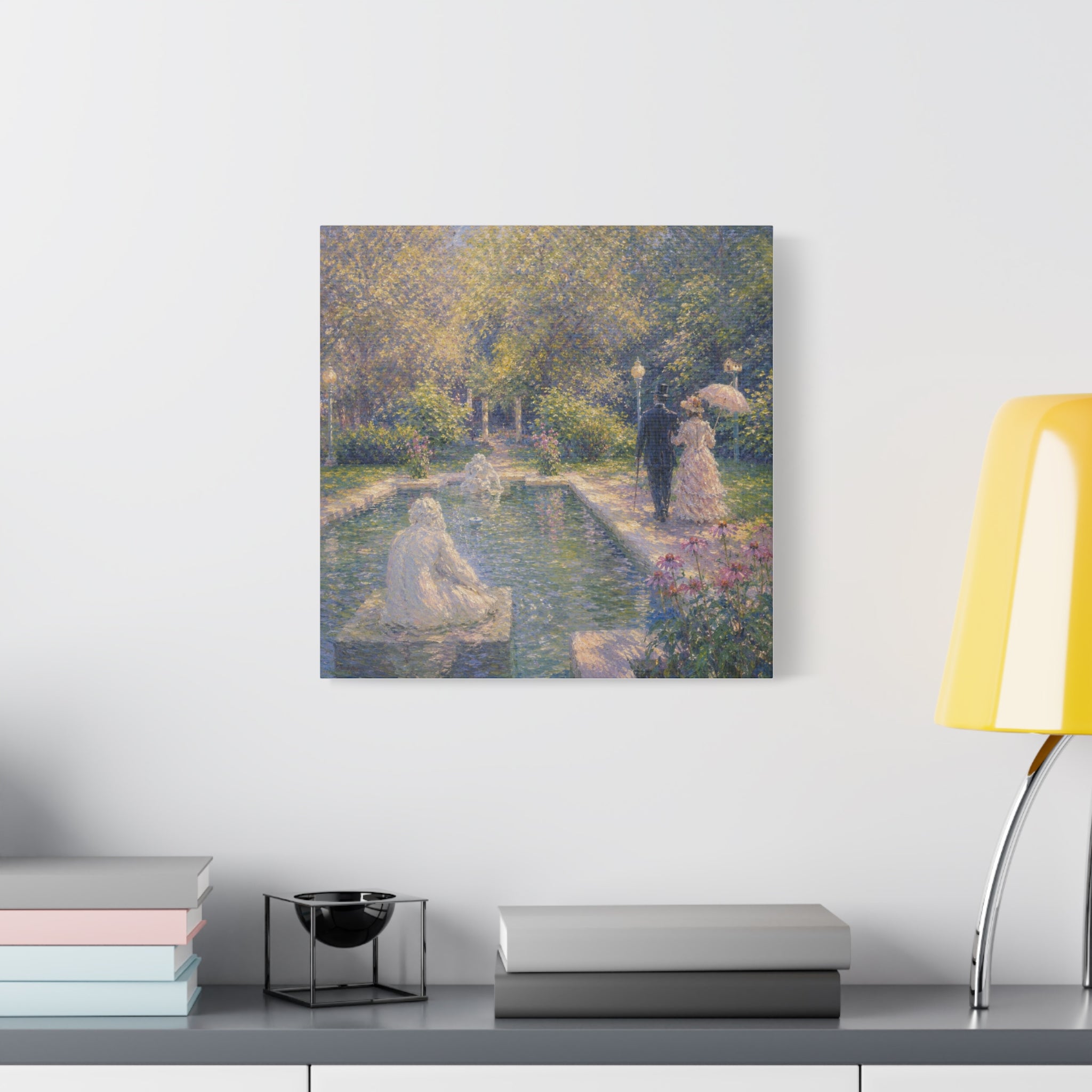 Impressionist Garden Stroll Matte Canvas Wall Art — Victorian Couple by Congress Park Fountain