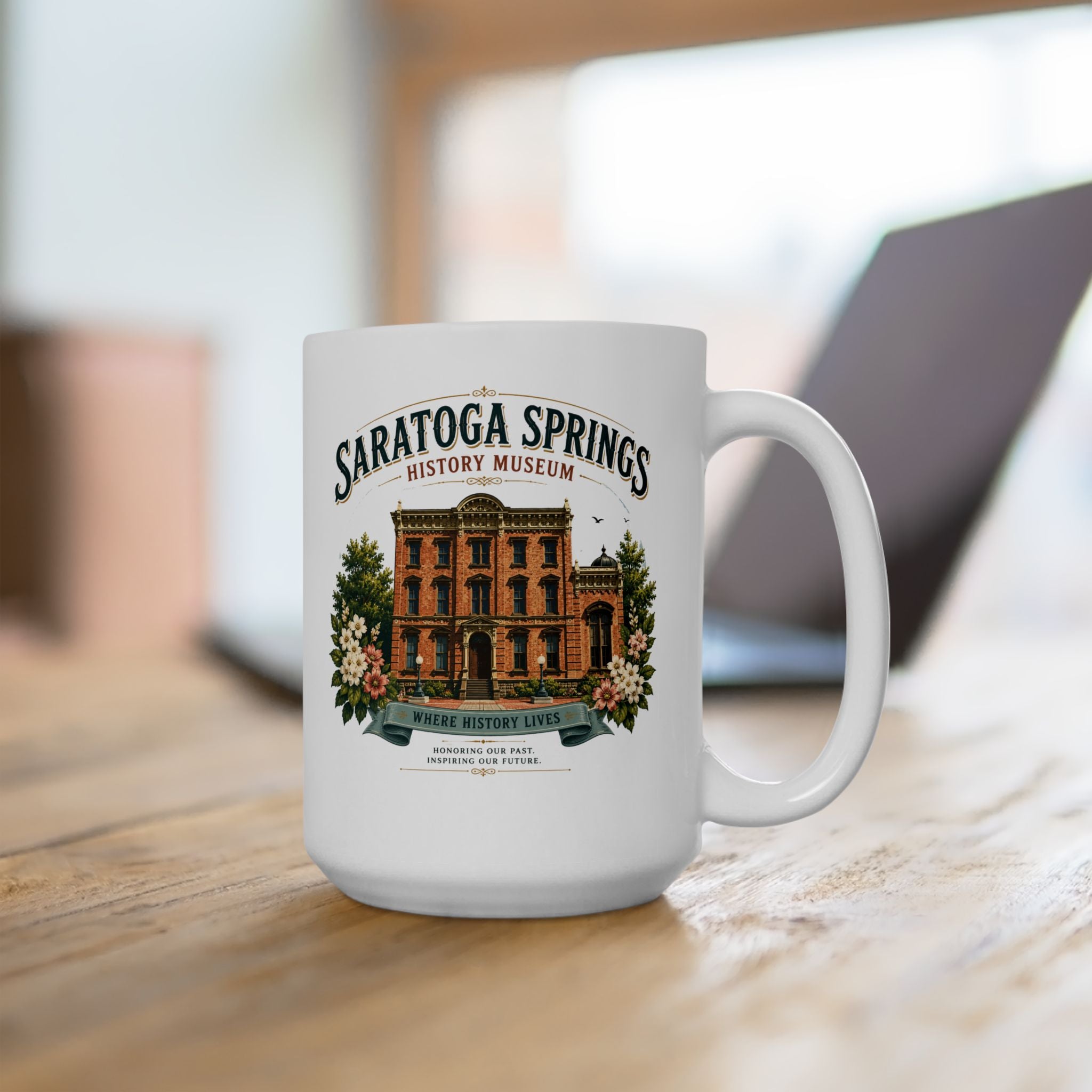 Saratoga Springs Illustrated Ceramic Mug — Congress Park Floral Souvenir (11oz/15oz)