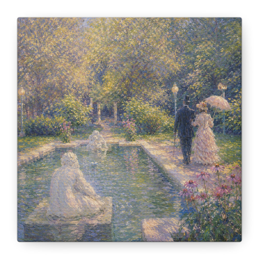 Impressionist Garden Stroll Matte Canvas Wall Art — Victorian Couple by Congress Park Fountain