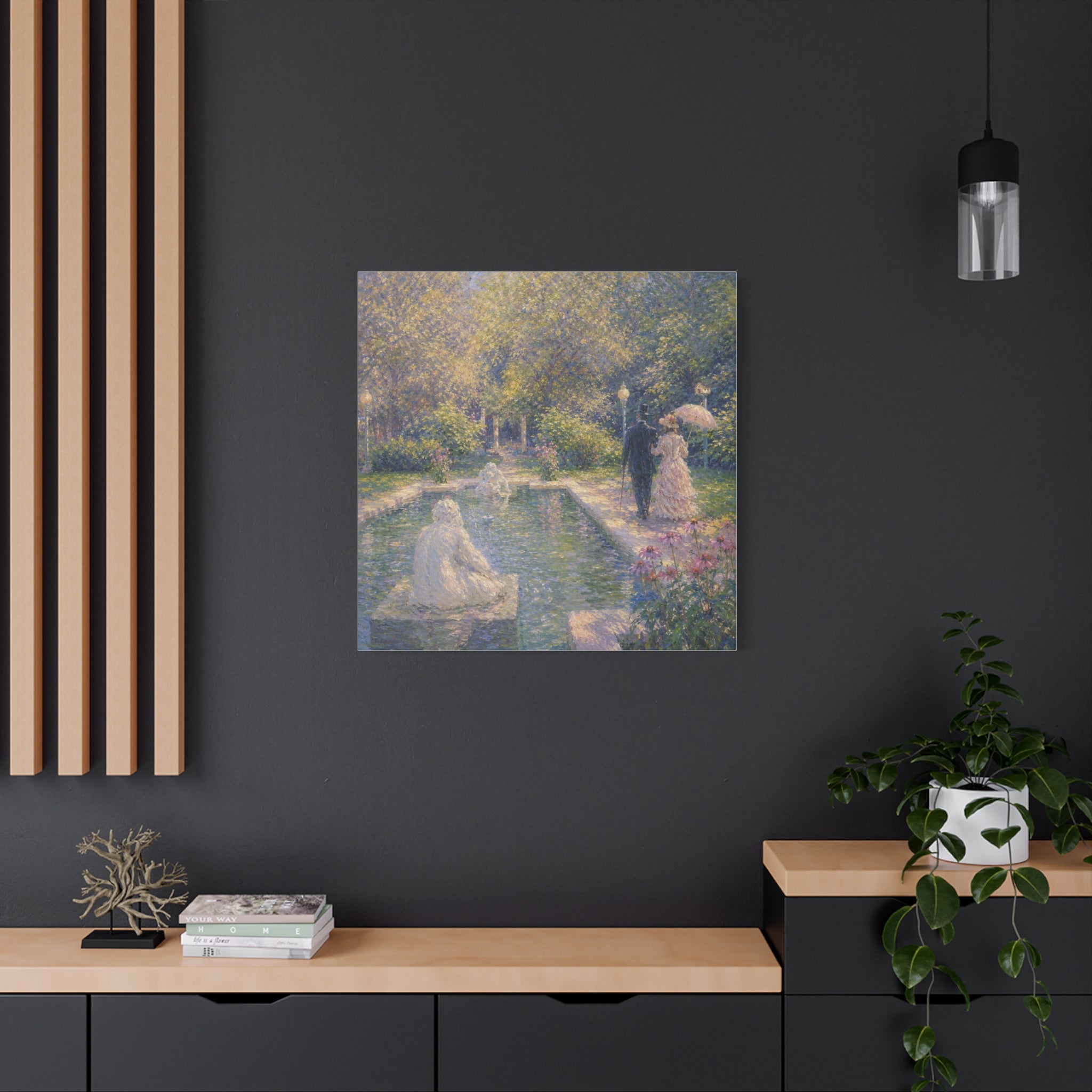 Impressionist Garden Stroll Matte Canvas Wall Art — Victorian Couple by Congress Park Fountain