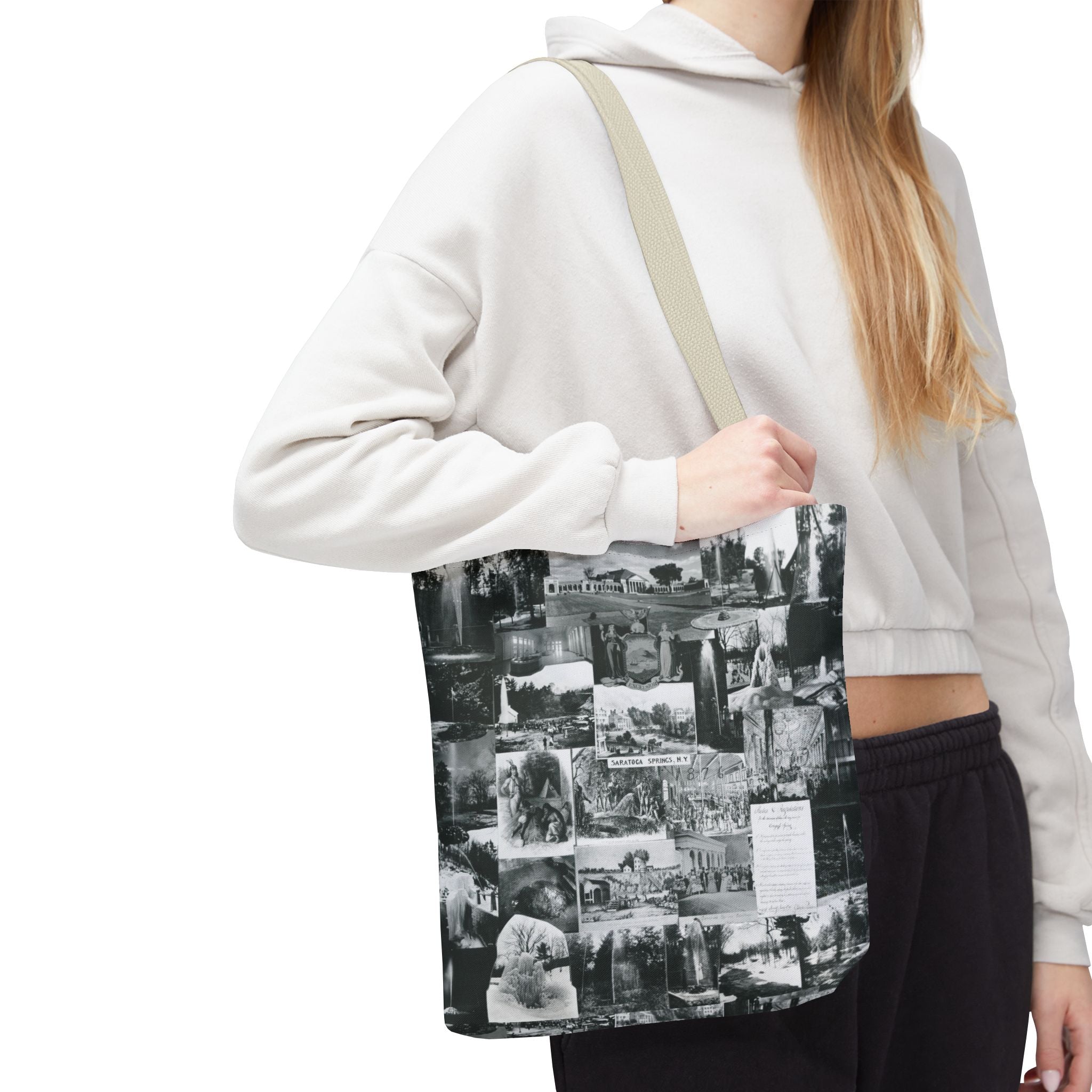 Saratoga Springs Vintage Photo Collage Tote Bag — Black & White Souvenir