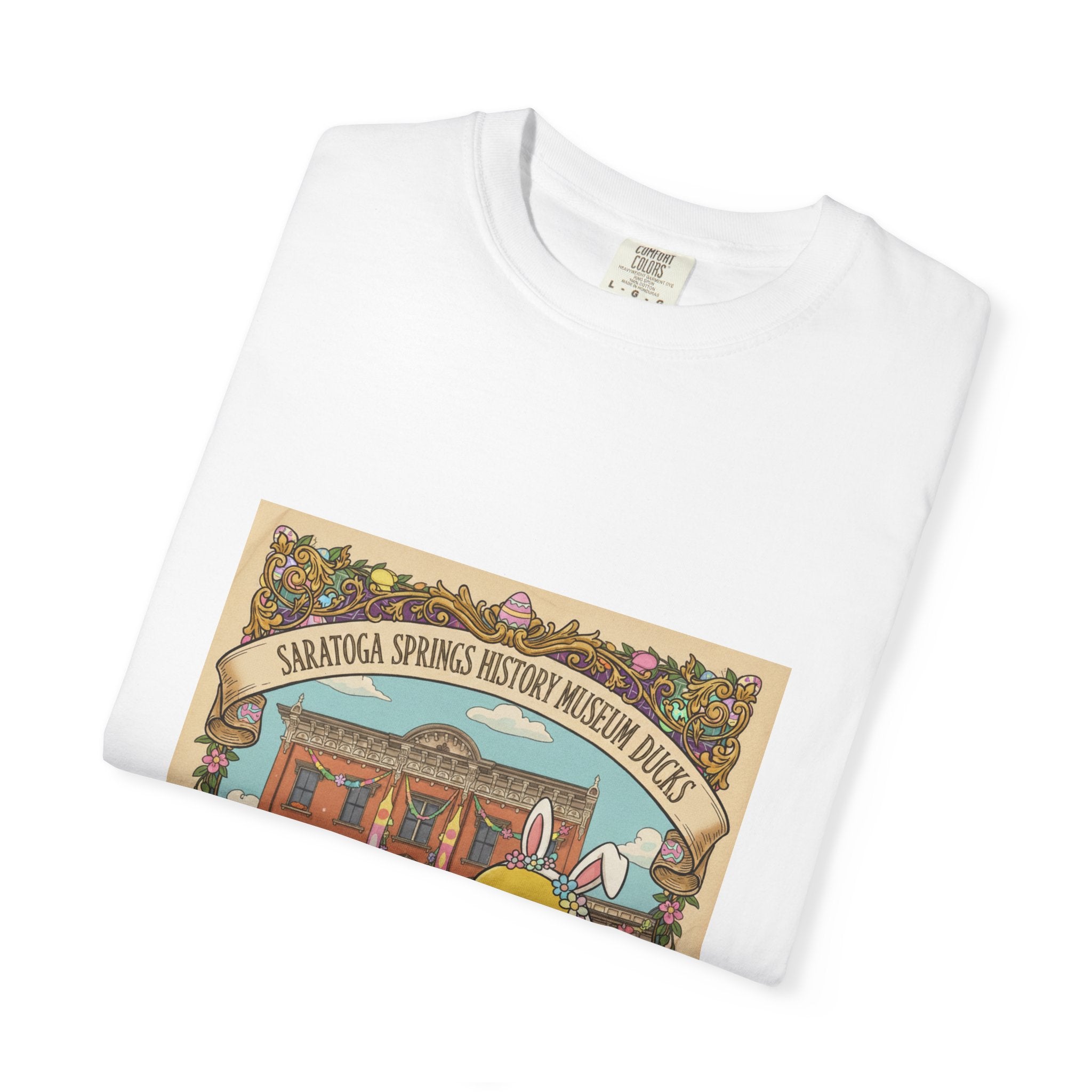 Saratoga Springs History Museum Duckling T-shirt | Easter Bunny Ears, Floral Vintage Illustration