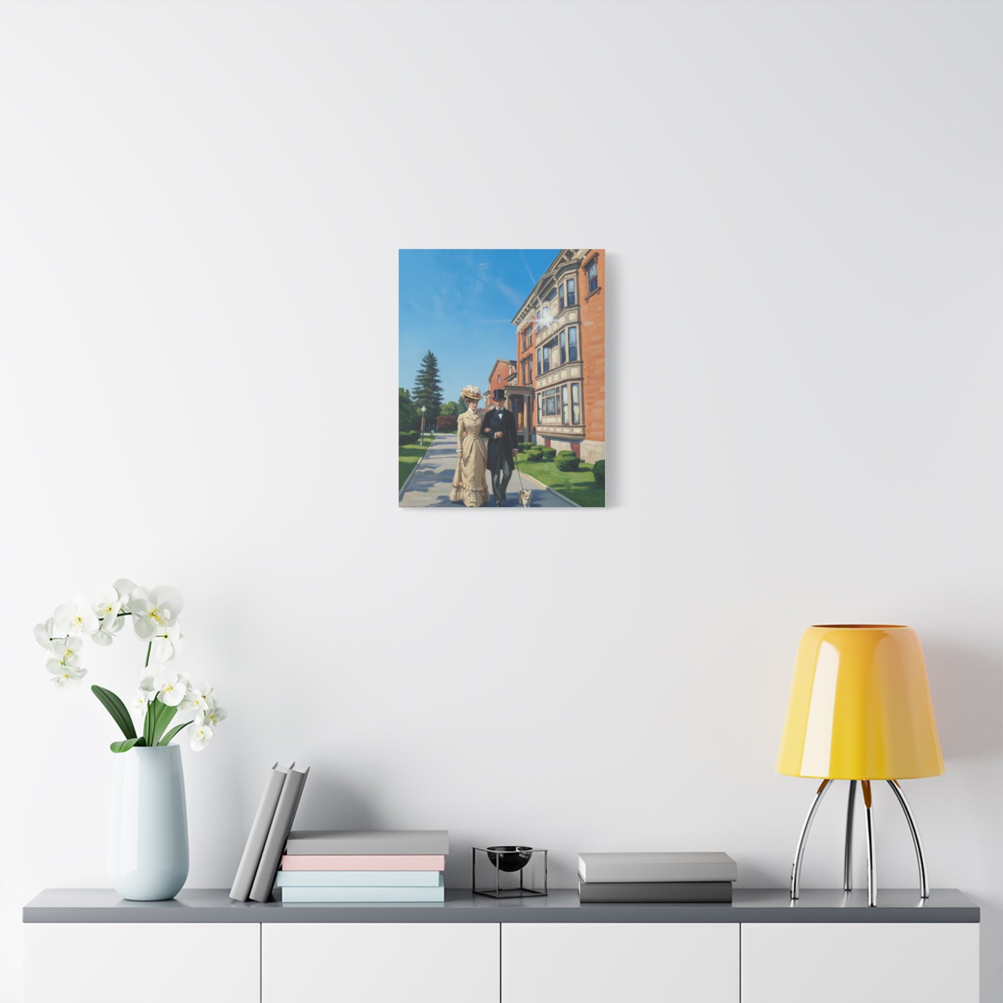 Saratoga Springs Watercolor Canvas Print — Couple Walking Dog by Canfield Casino