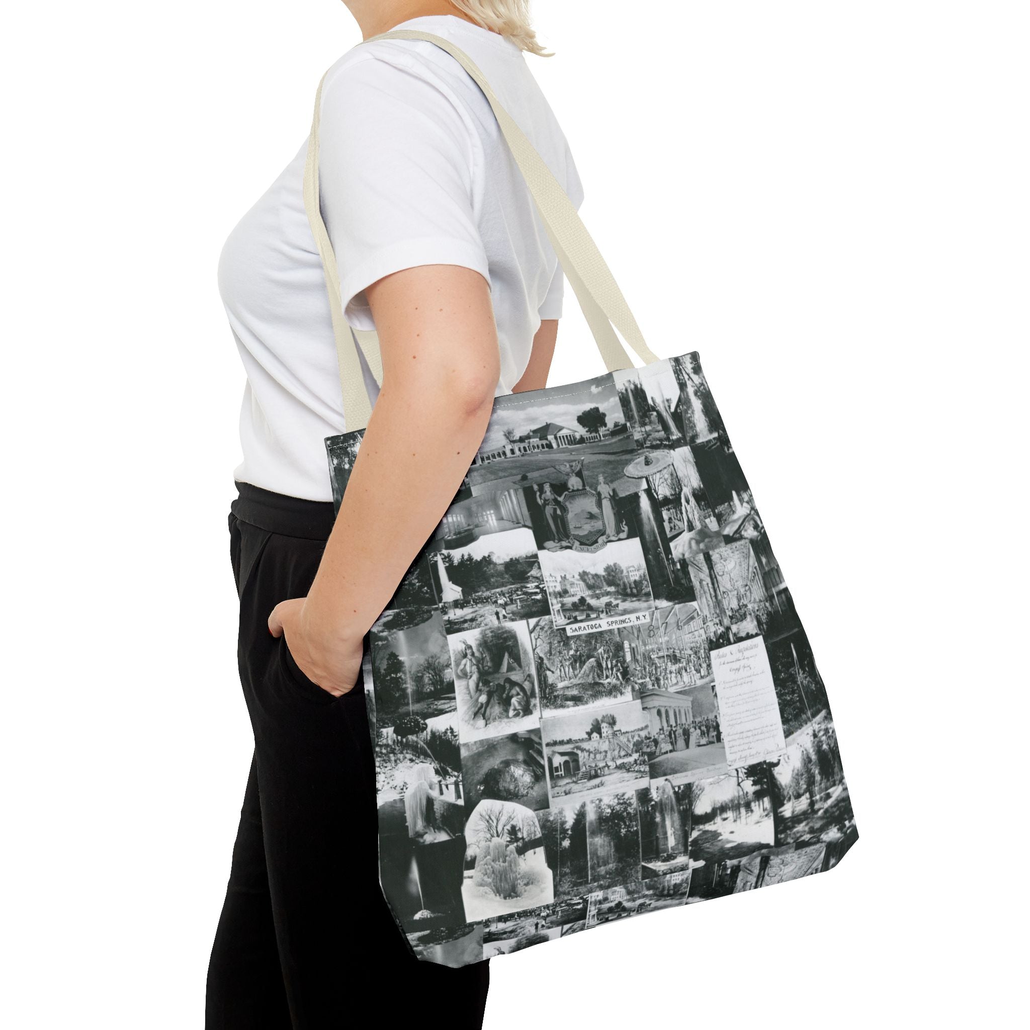 Saratoga Springs Vintage Photo Collage Tote Bag — Black & White Souvenir