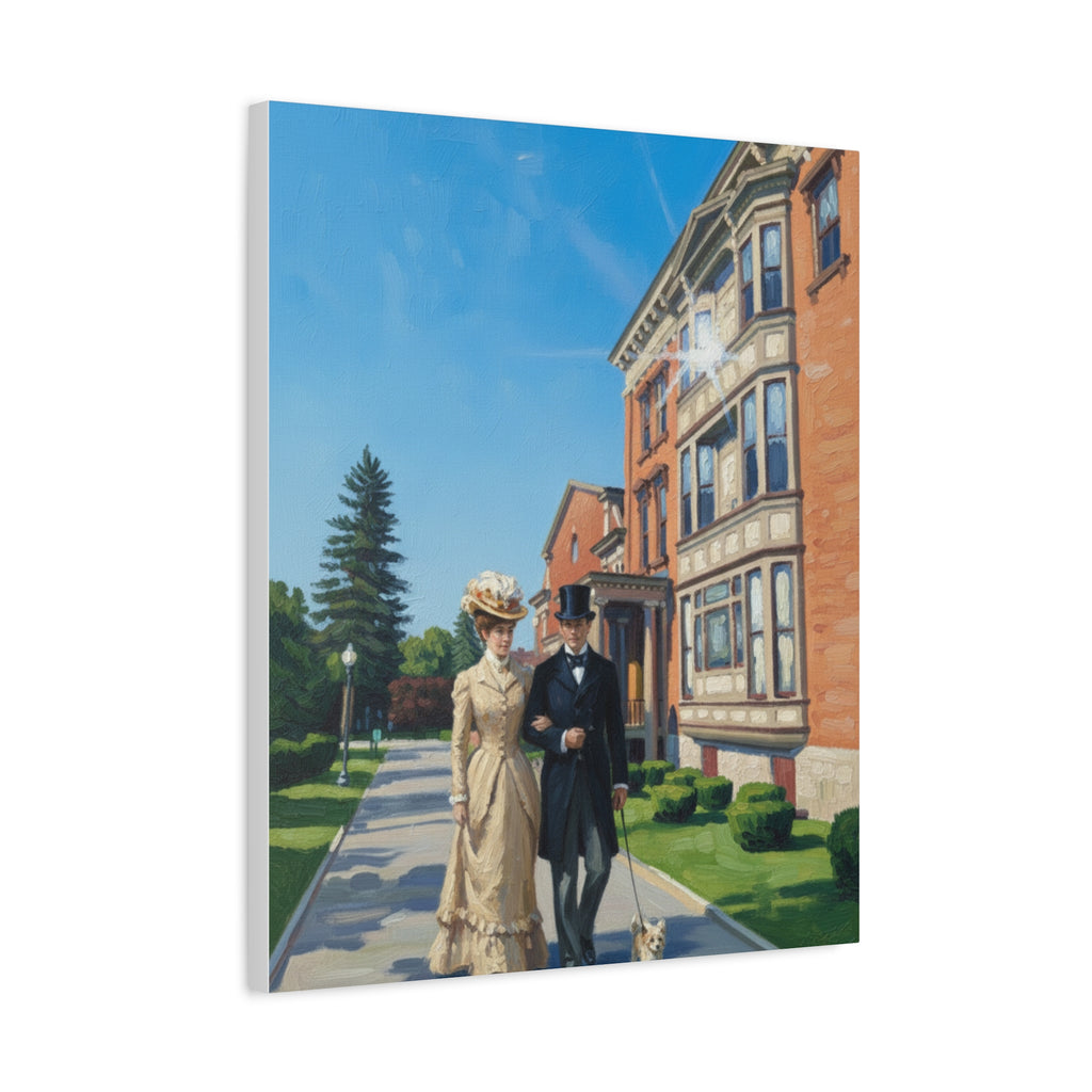 Saratoga Springs Watercolor Canvas Print — Couple Walking Dog by Canfield Casino