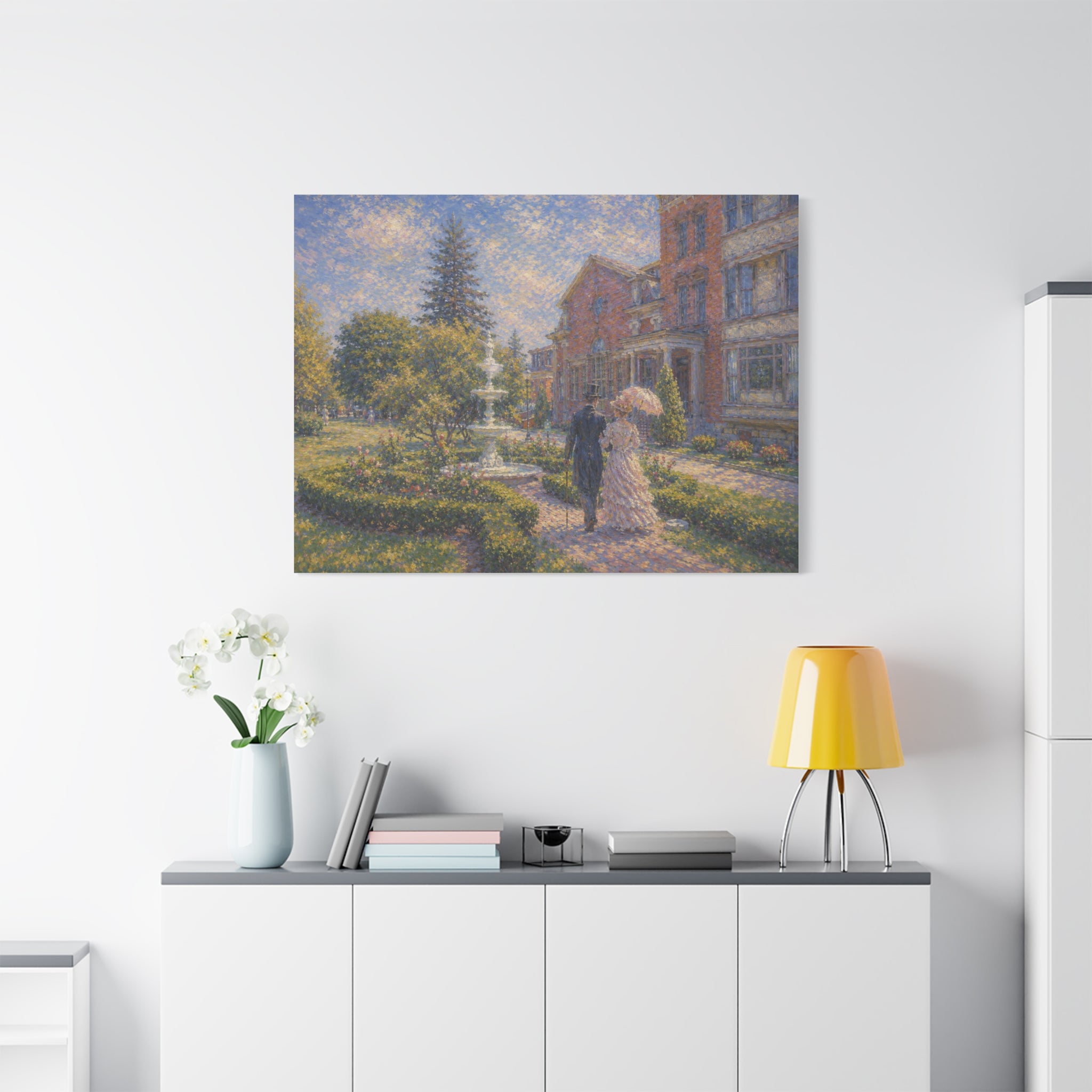 Impressionist Garden Stroll Matte Canvas Wall Art — Victorian Couple in Saratoga Springs