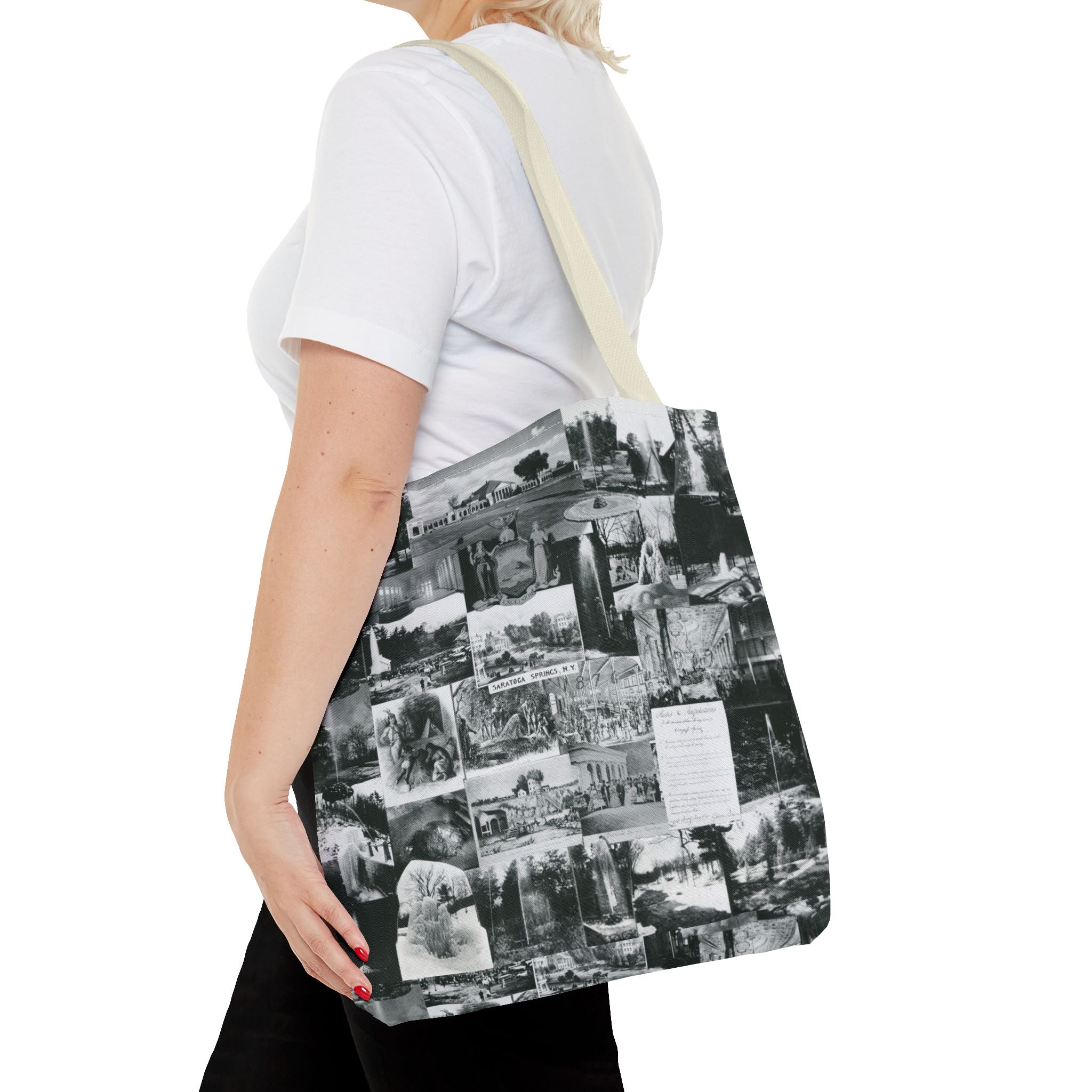 Saratoga Springs Vintage Photo Collage Tote Bag — Black & White Souvenir