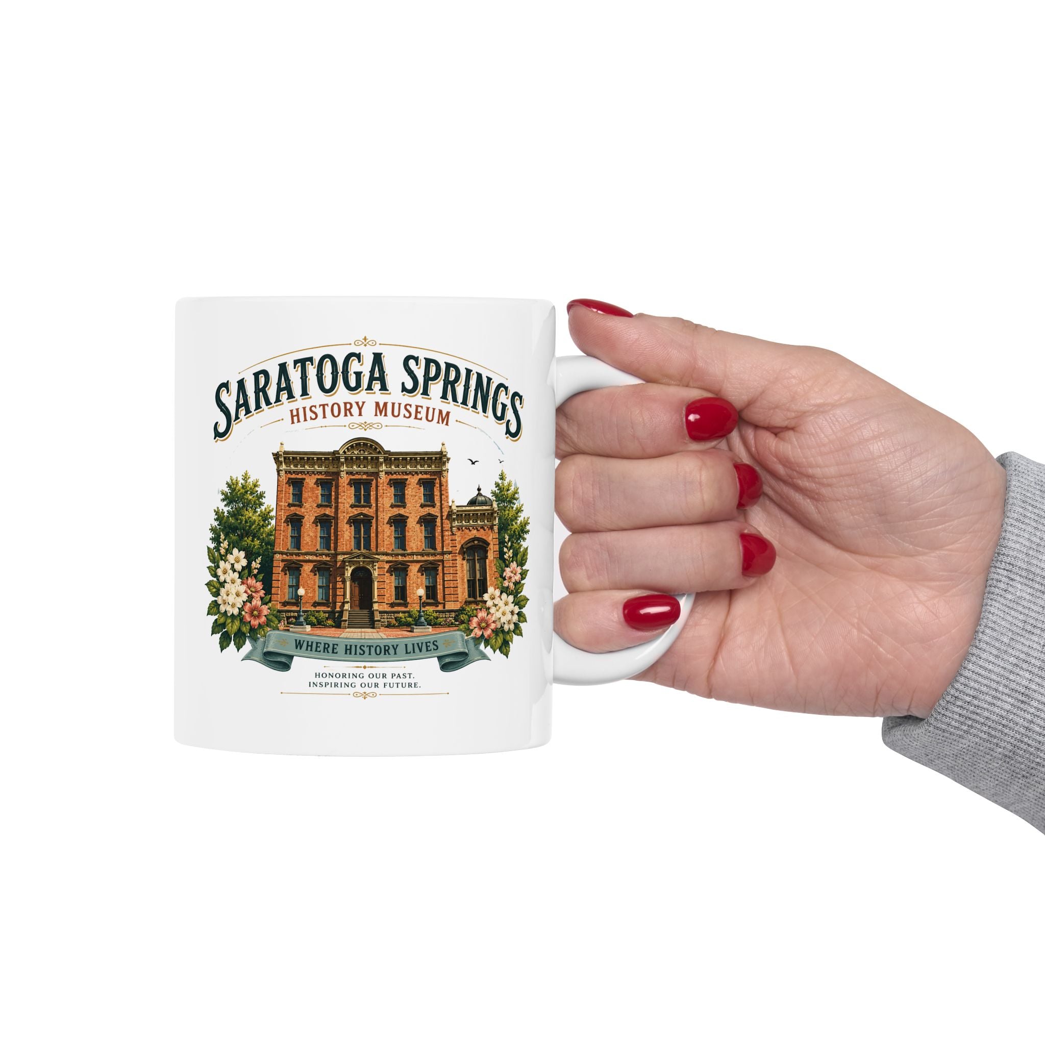 Saratoga Springs Illustrated Ceramic Mug — Congress Park Floral Souvenir (11oz/15oz)