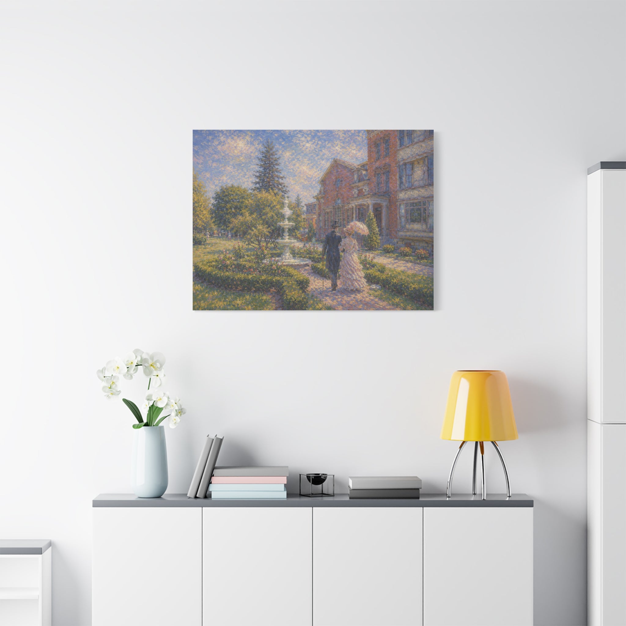 Impressionist Garden Stroll Matte Canvas Wall Art — Victorian Couple in Saratoga Springs