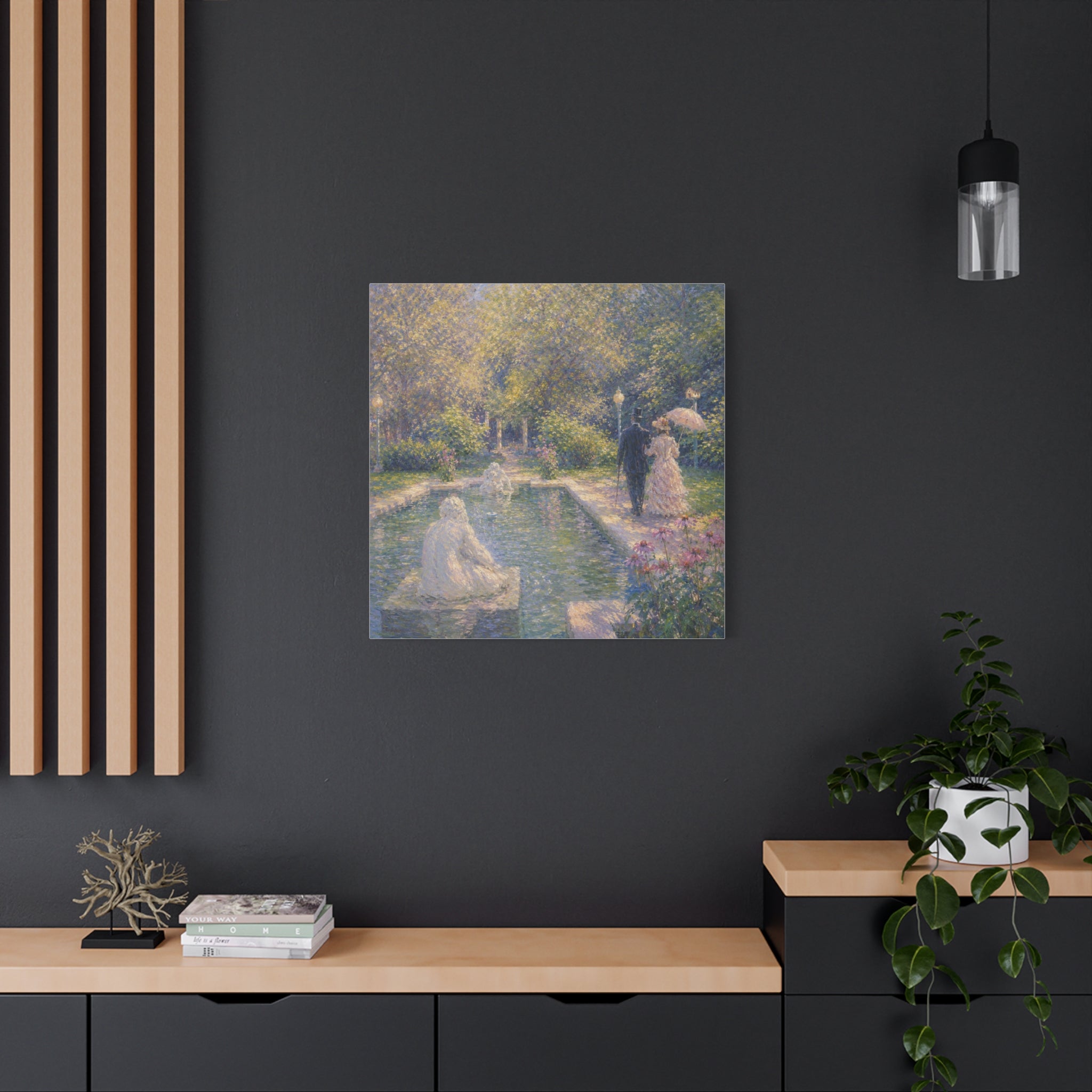 Impressionist Garden Stroll Matte Canvas Wall Art — Victorian Couple by Congress Park Fountain