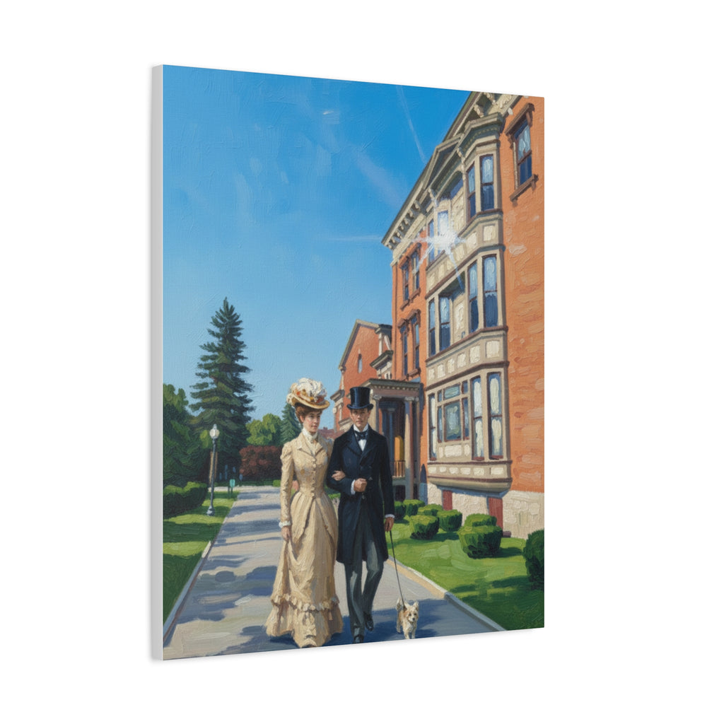 Saratoga Springs Watercolor Canvas Print — Couple Walking Dog by Canfield Casino