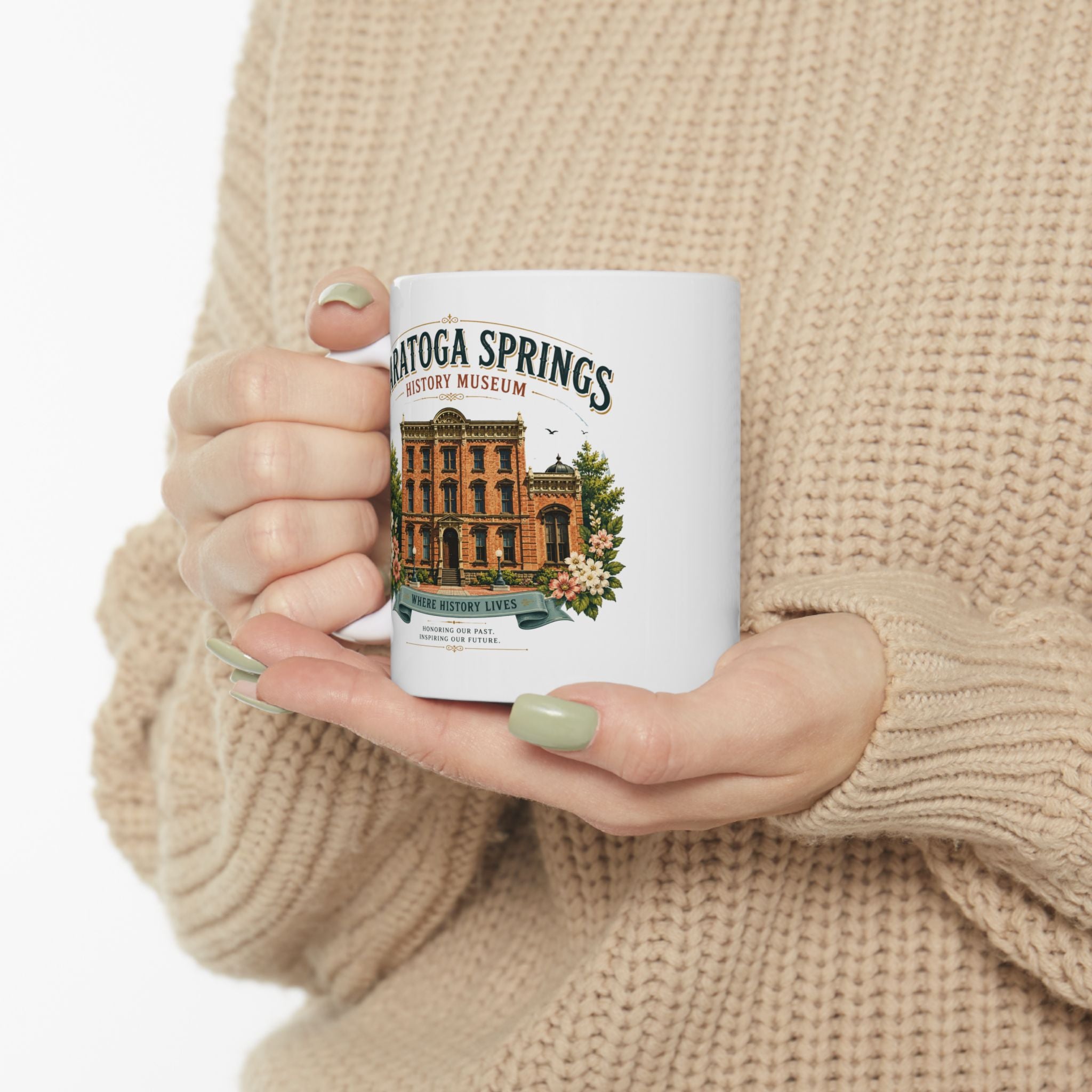Saratoga Springs Illustrated Ceramic Mug — Congress Park Floral Souvenir (11oz/15oz)