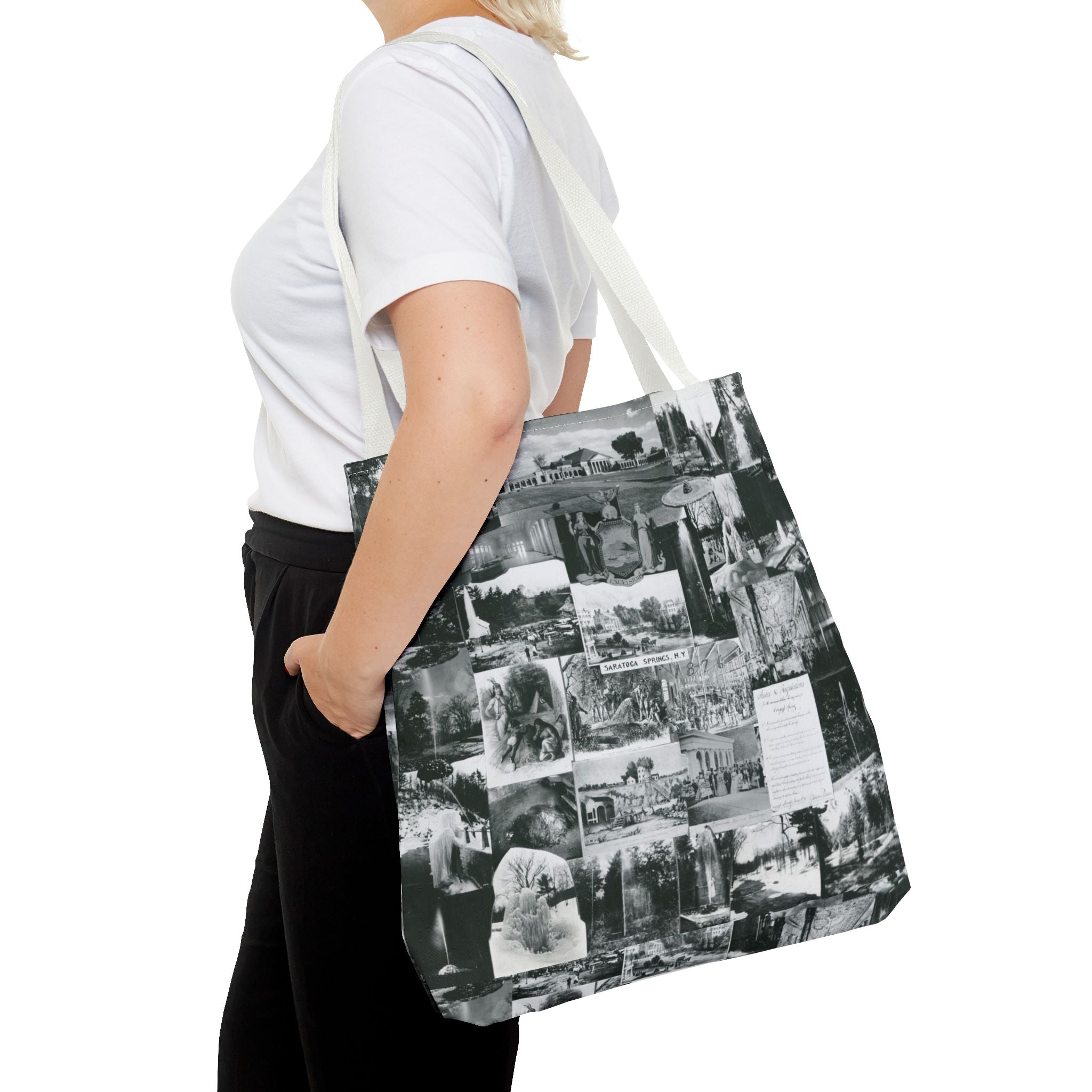 Saratoga Springs Vintage Photo Collage Tote Bag — Black & White Souvenir
