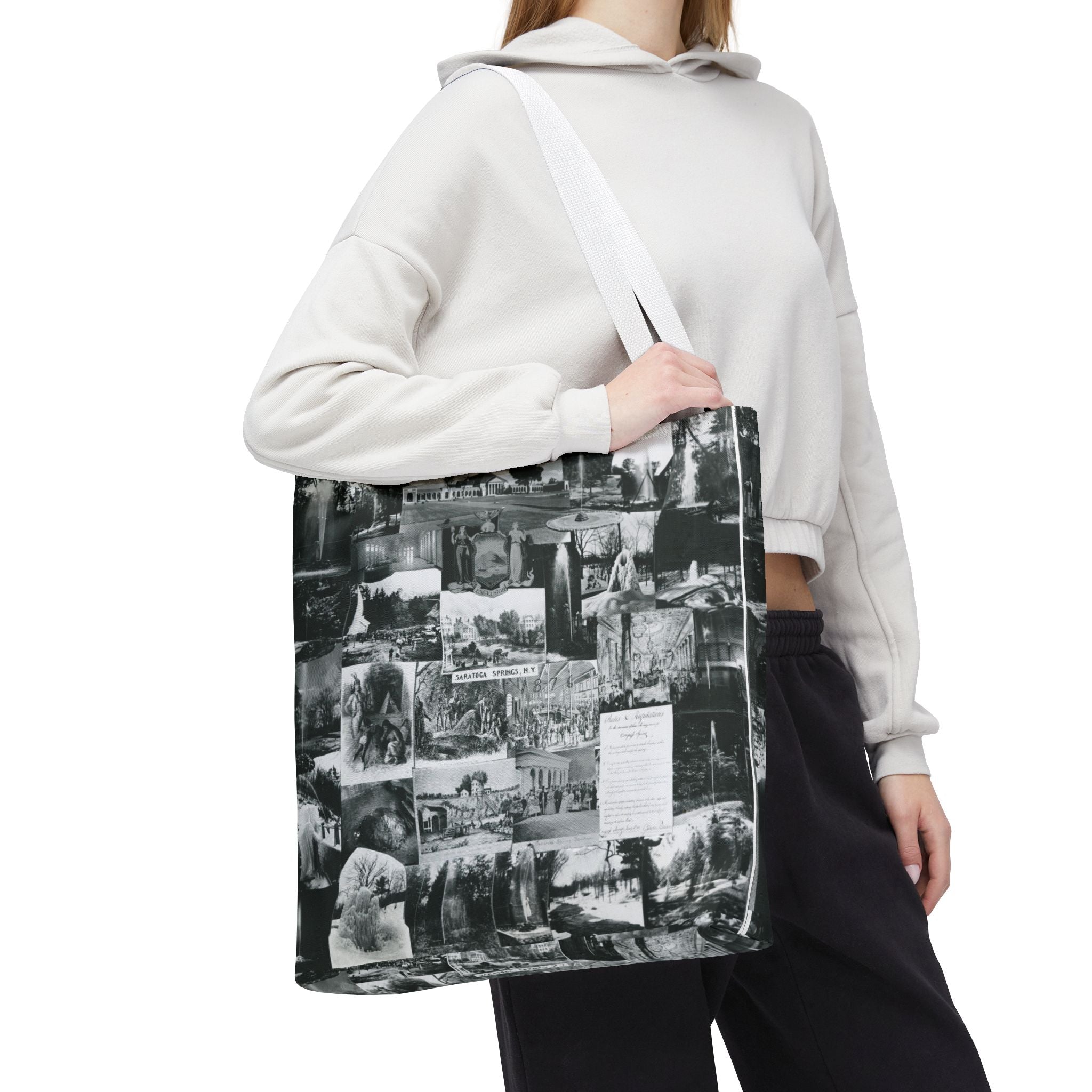 Saratoga Springs Vintage Photo Collage Tote Bag — Black & White Souvenir