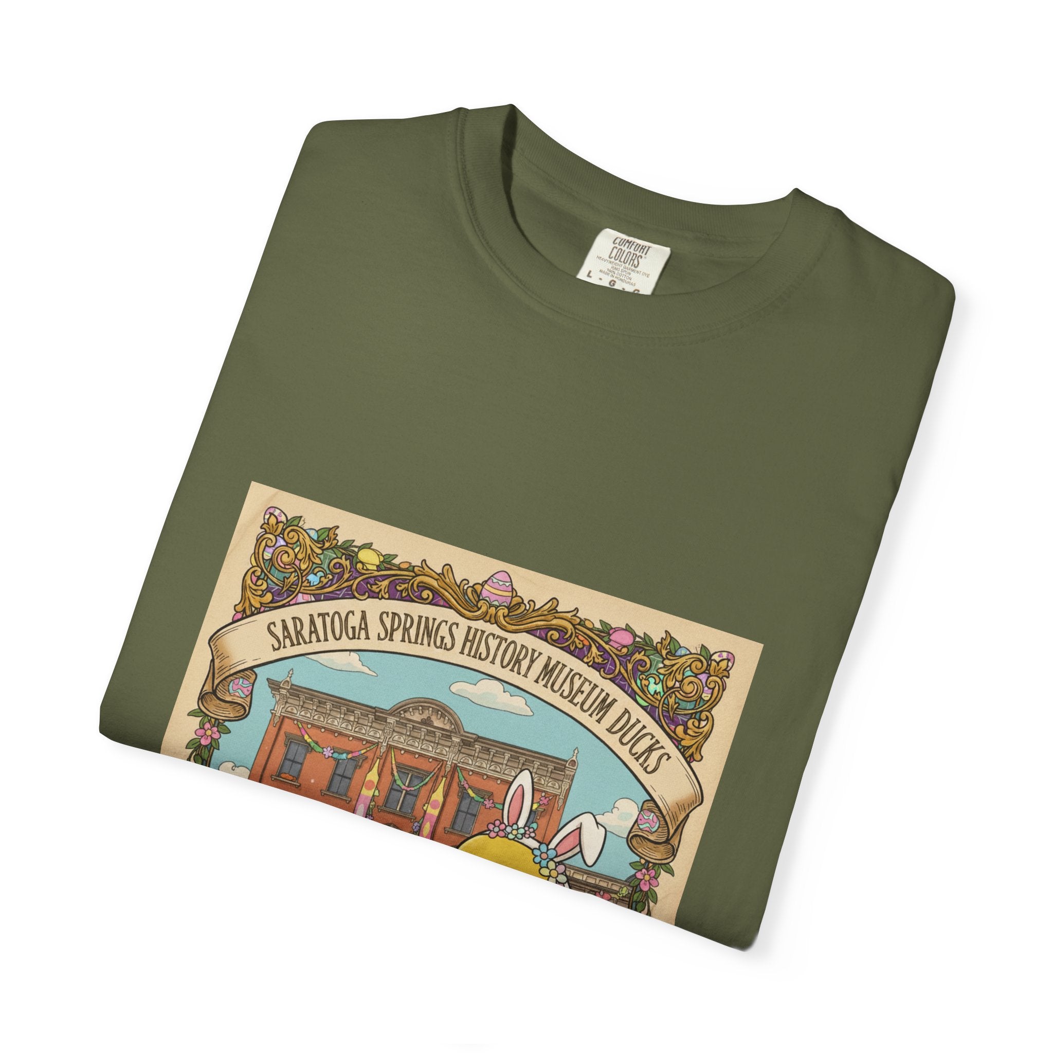 Saratoga Springs History Museum Duckling T-shirt | Easter Bunny Ears, Floral Vintage Illustration