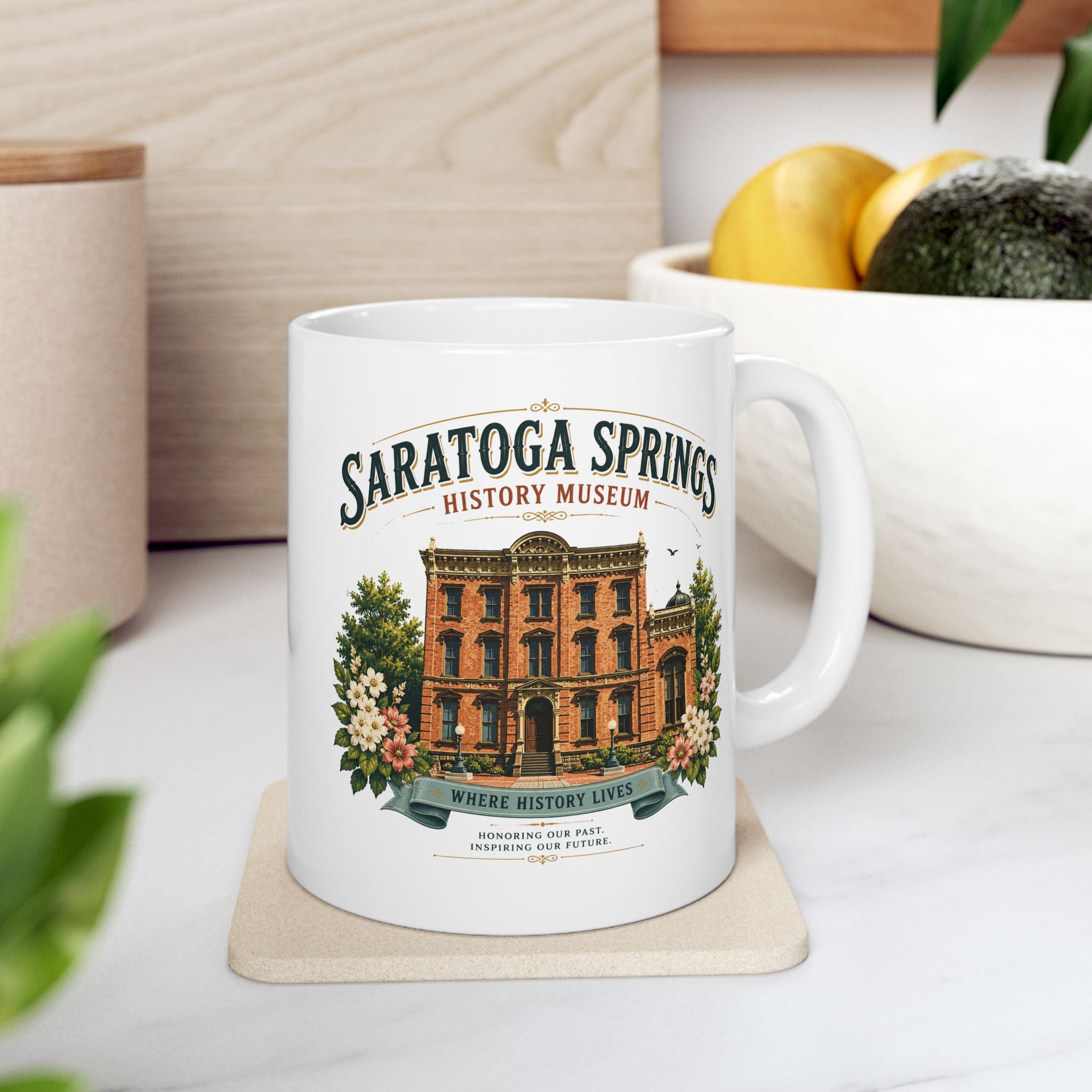 Saratoga Springs Illustrated Ceramic Mug — Congress Park Floral Souvenir (11oz/15oz)