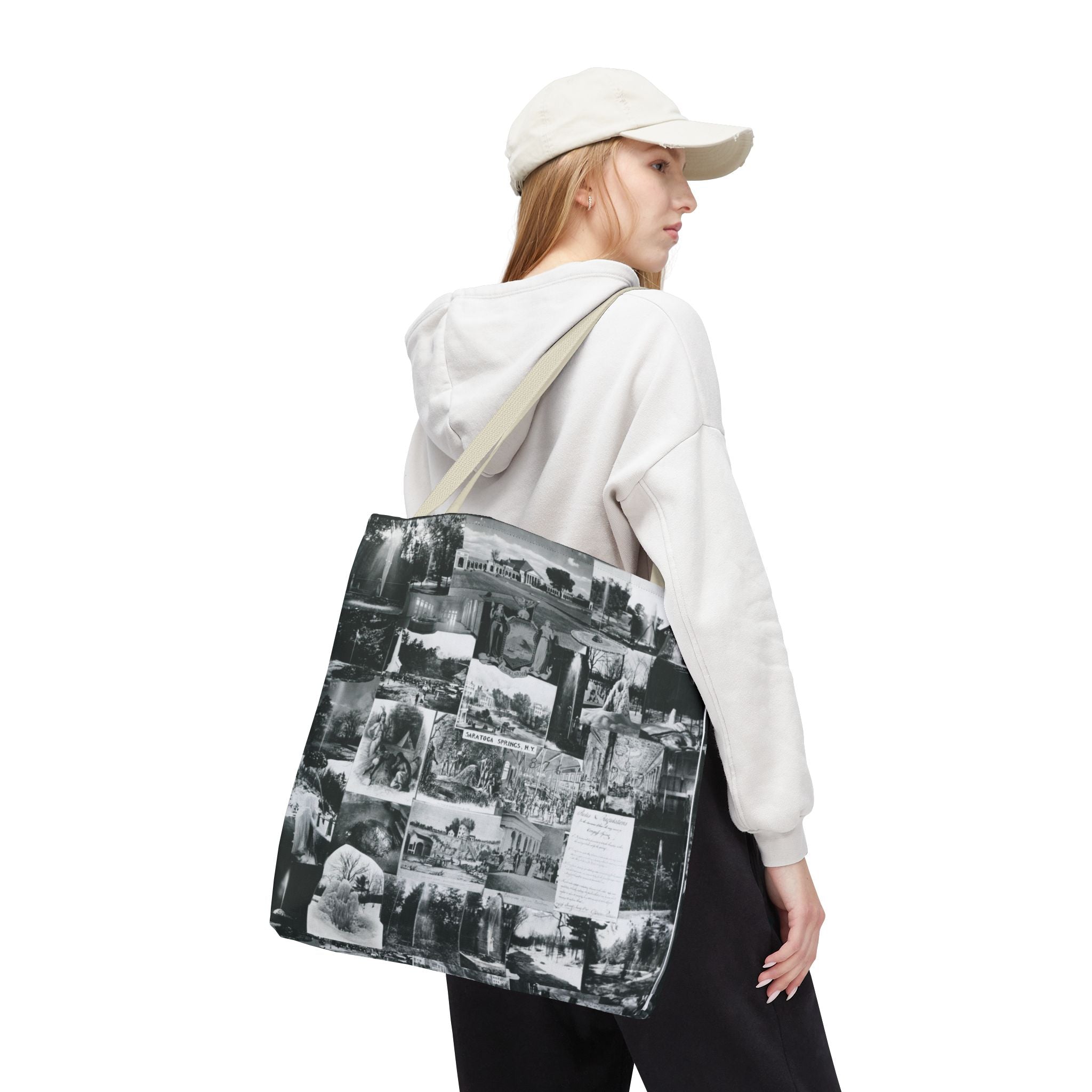 Saratoga Springs Vintage Photo Collage Tote Bag — Black & White Souvenir