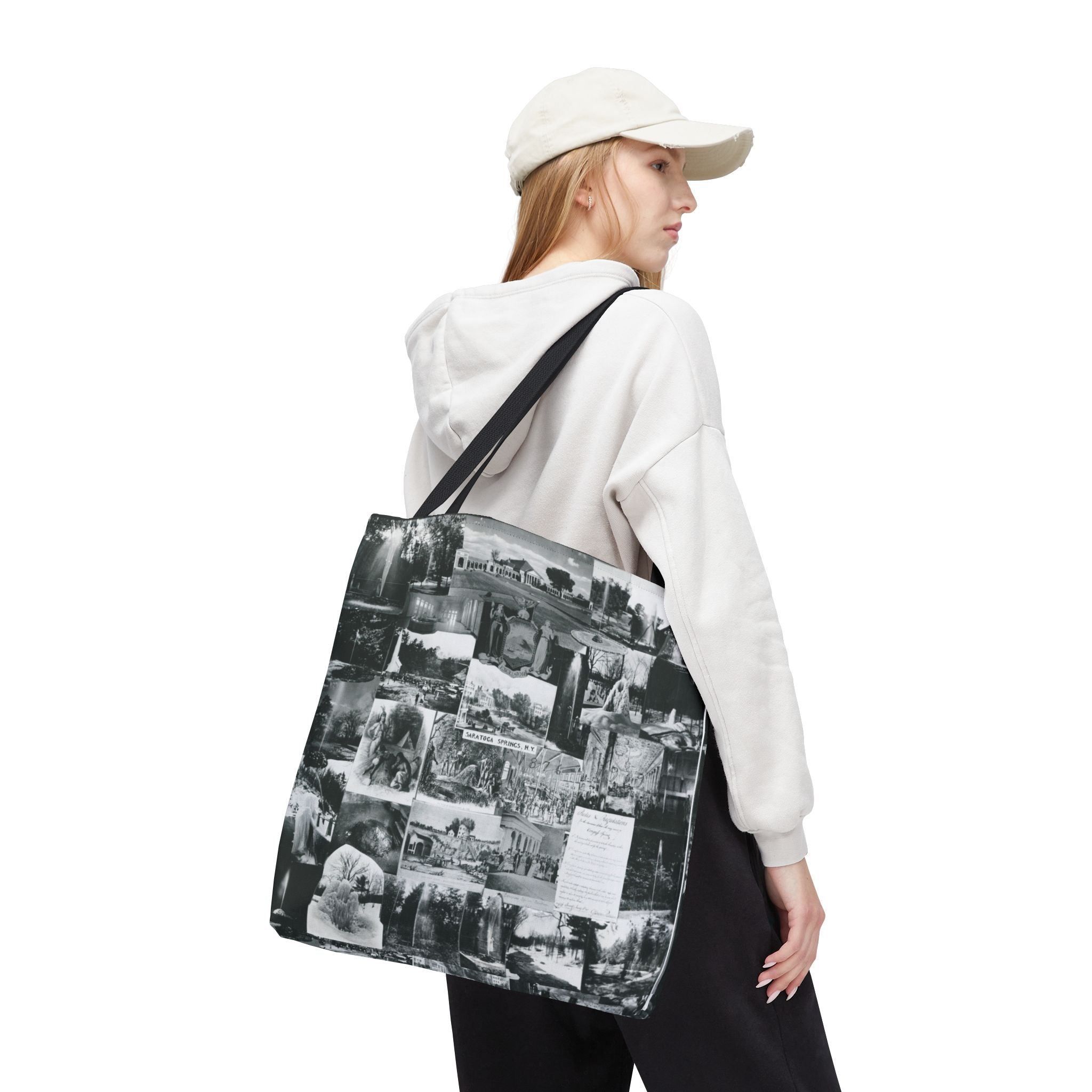 Saratoga Springs Vintage Photo Collage Tote Bag — Black & White Souvenir