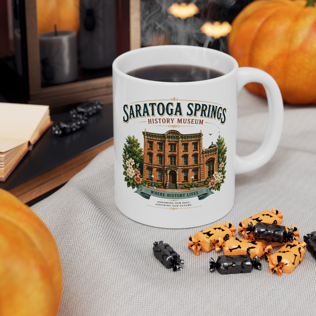 Saratoga Springs Illustrated Ceramic Mug — Congress Park Floral Souvenir (11oz/15oz)