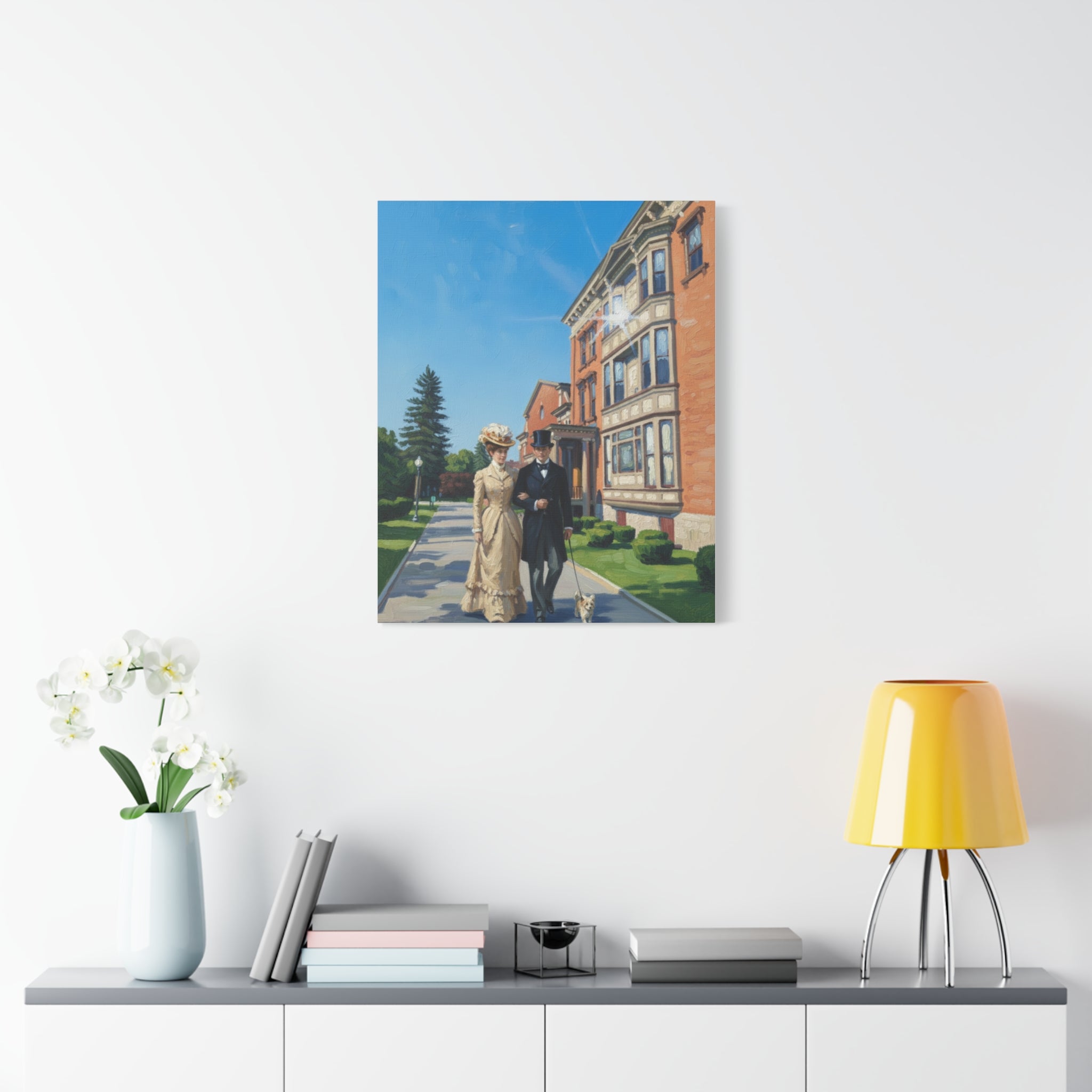 Saratoga Springs Watercolor Canvas Print — Couple Walking Dog by Canfield Casino