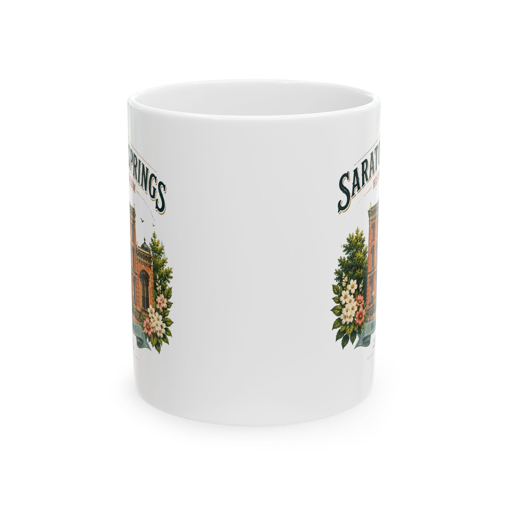 Saratoga Springs Illustrated Ceramic Mug — Congress Park Floral Souvenir (11oz/15oz)