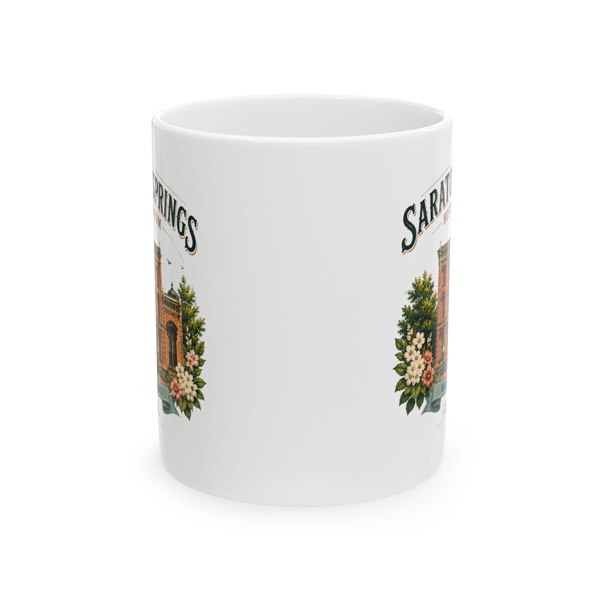 Saratoga Springs Illustrated Ceramic Mug — Congress Park Floral Souvenir (11oz/15oz)