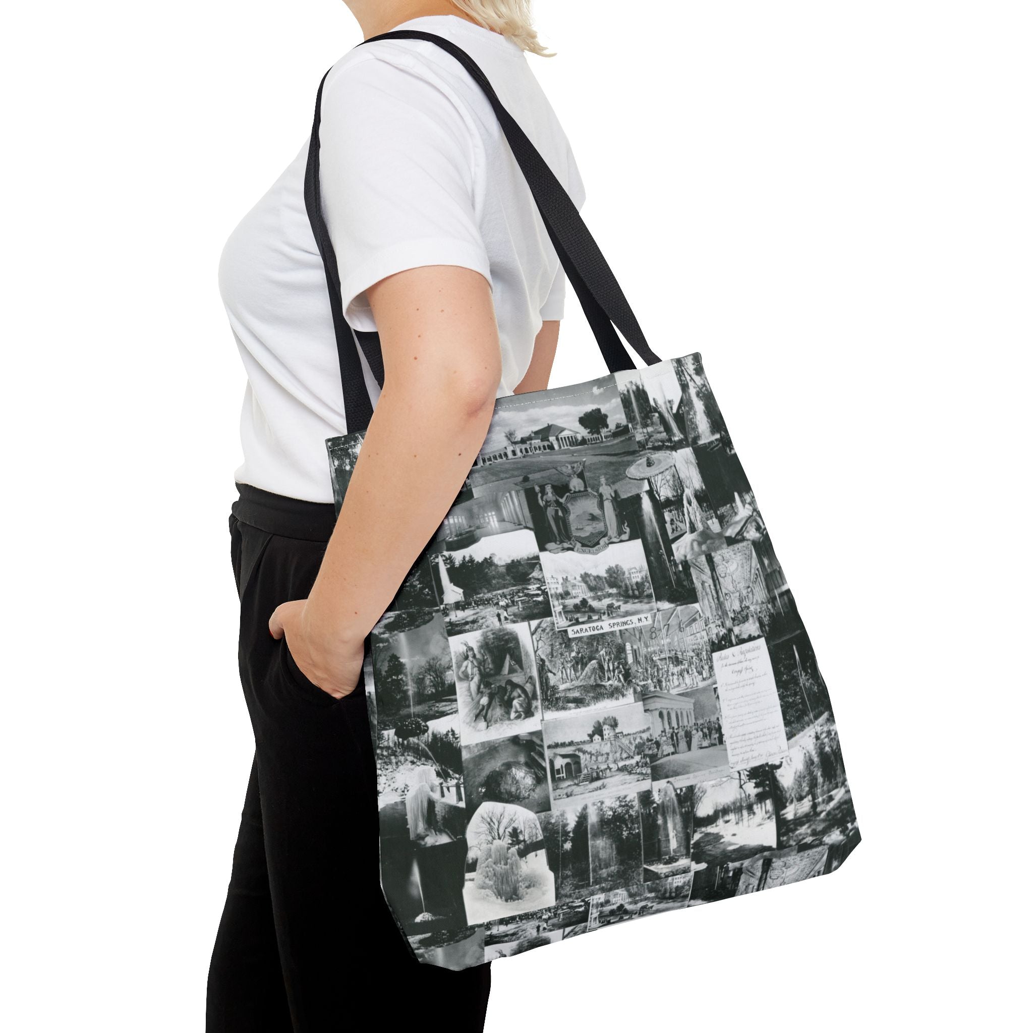 Saratoga Springs Vintage Photo Collage Tote Bag — Black & White Souvenir