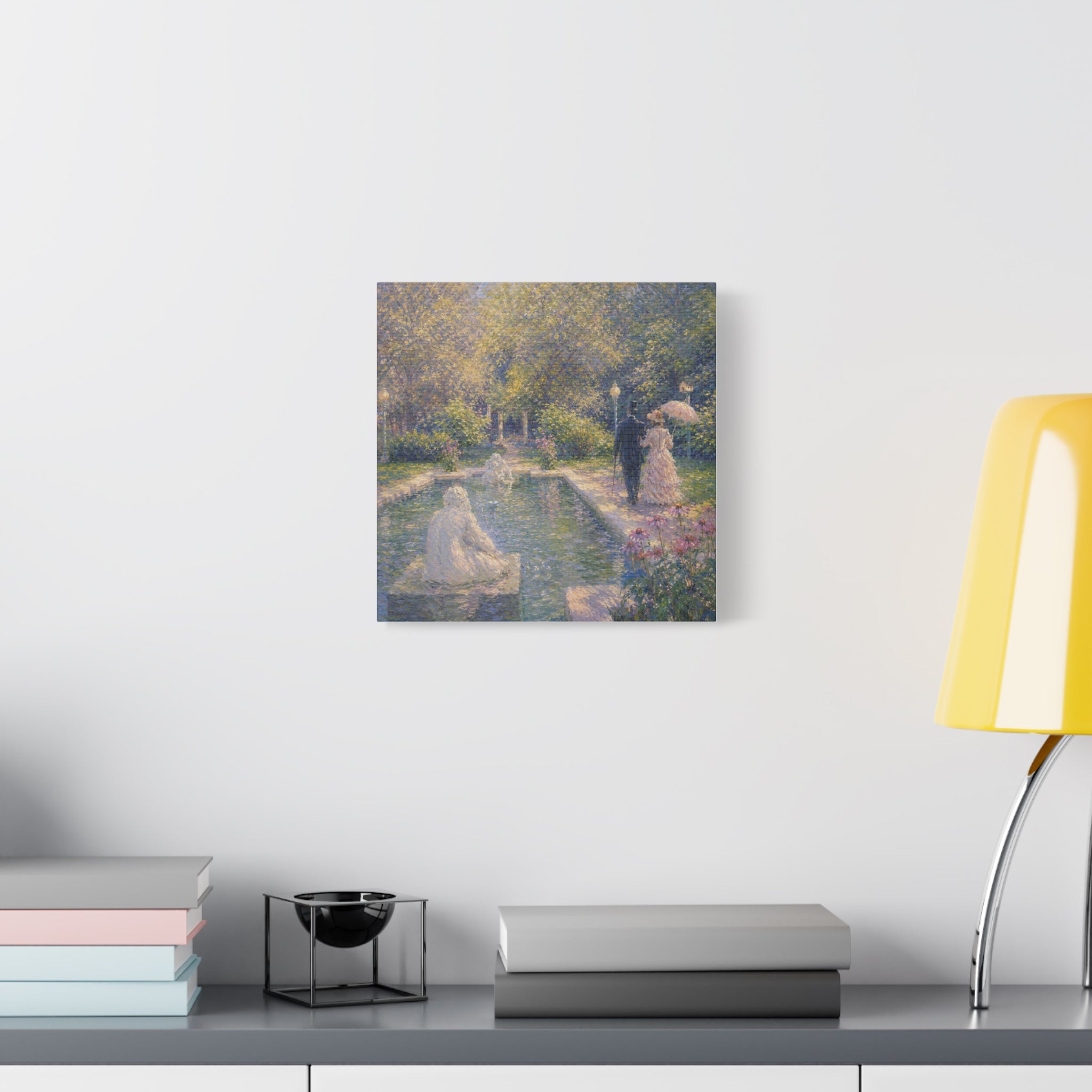 Impressionist Garden Stroll Matte Canvas Wall Art — Victorian Couple by Congress Park Fountain