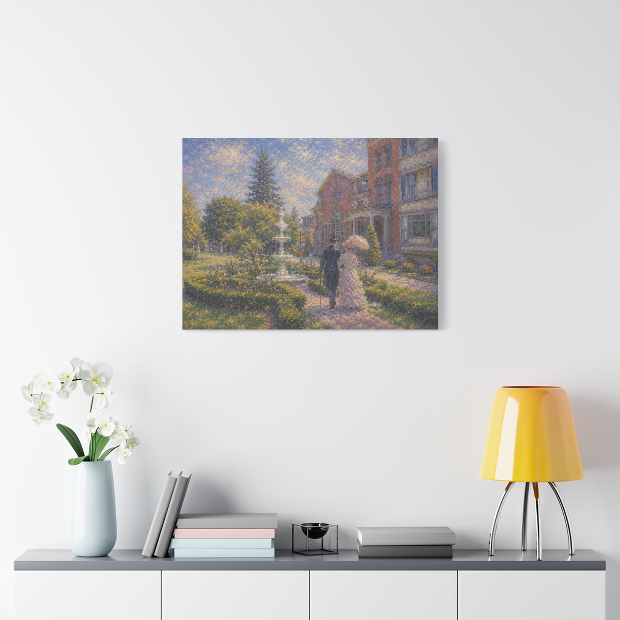Impressionist Garden Stroll Matte Canvas Wall Art — Victorian Couple in Saratoga Springs
