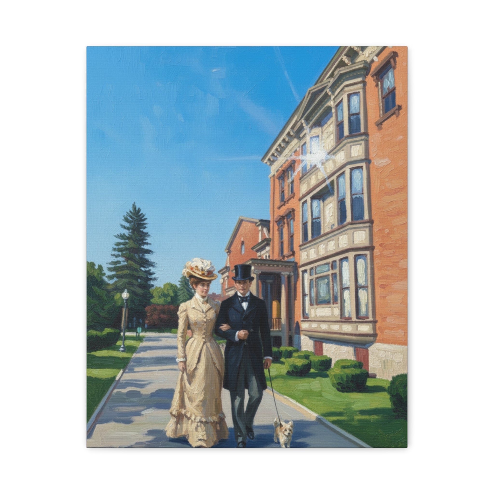 Saratoga Springs Watercolor Canvas Print — Couple Walking Dog by Canfield Casino