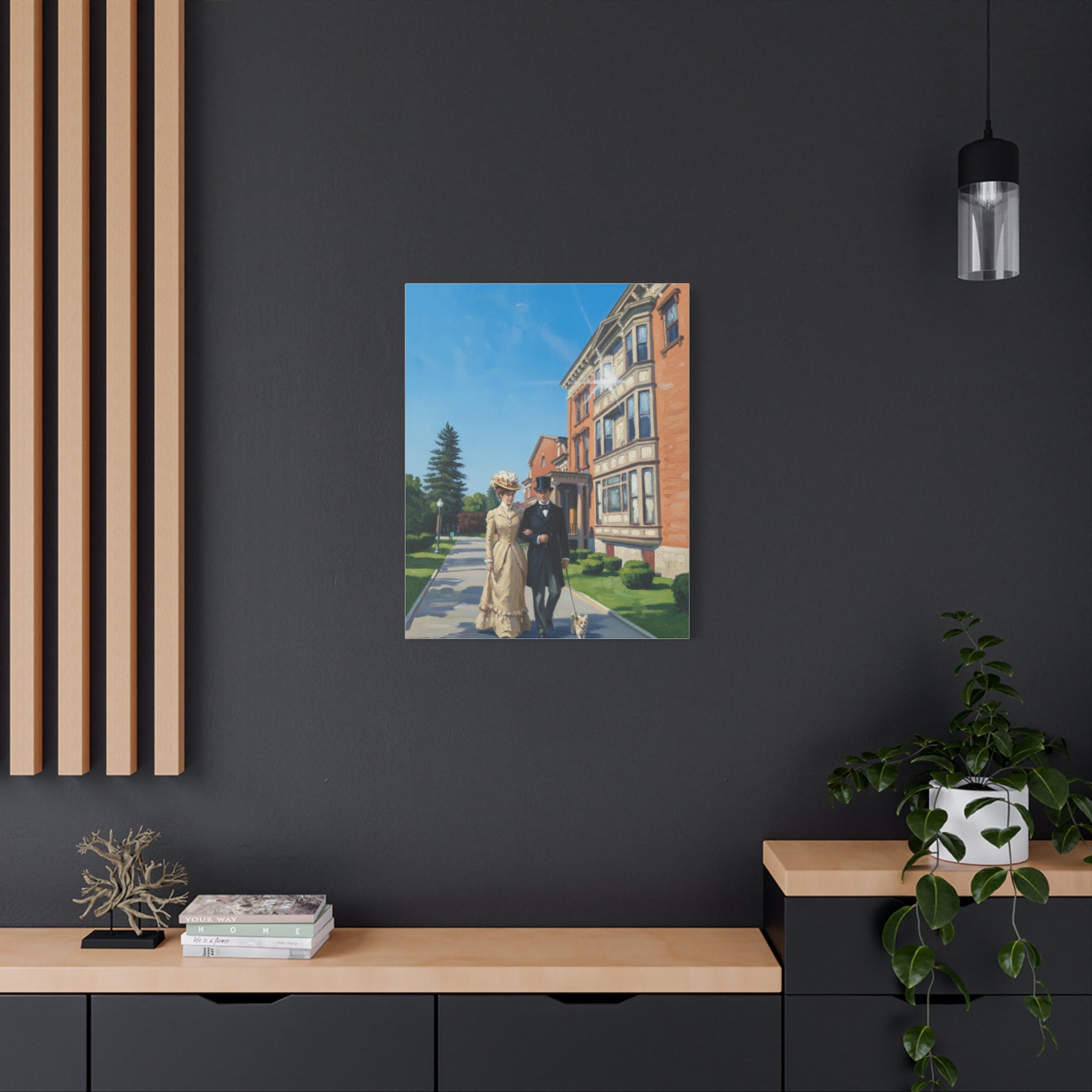 Saratoga Springs Watercolor Canvas Print — Couple Walking Dog by Canfield Casino