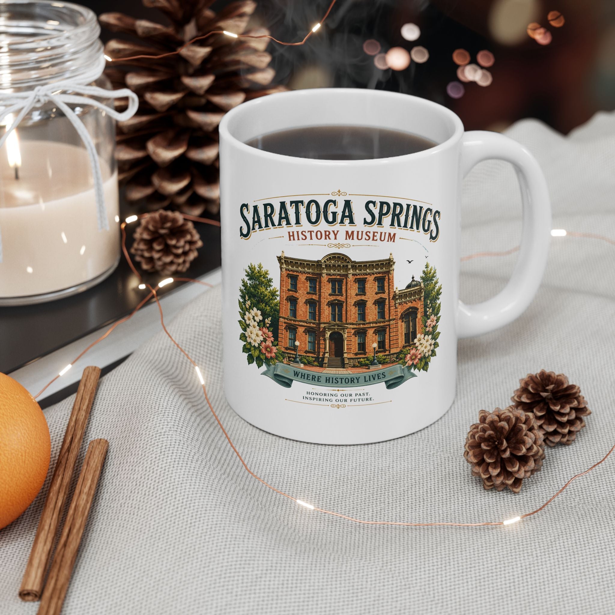 Saratoga Springs Illustrated Ceramic Mug — Congress Park Floral Souvenir (11oz/15oz)