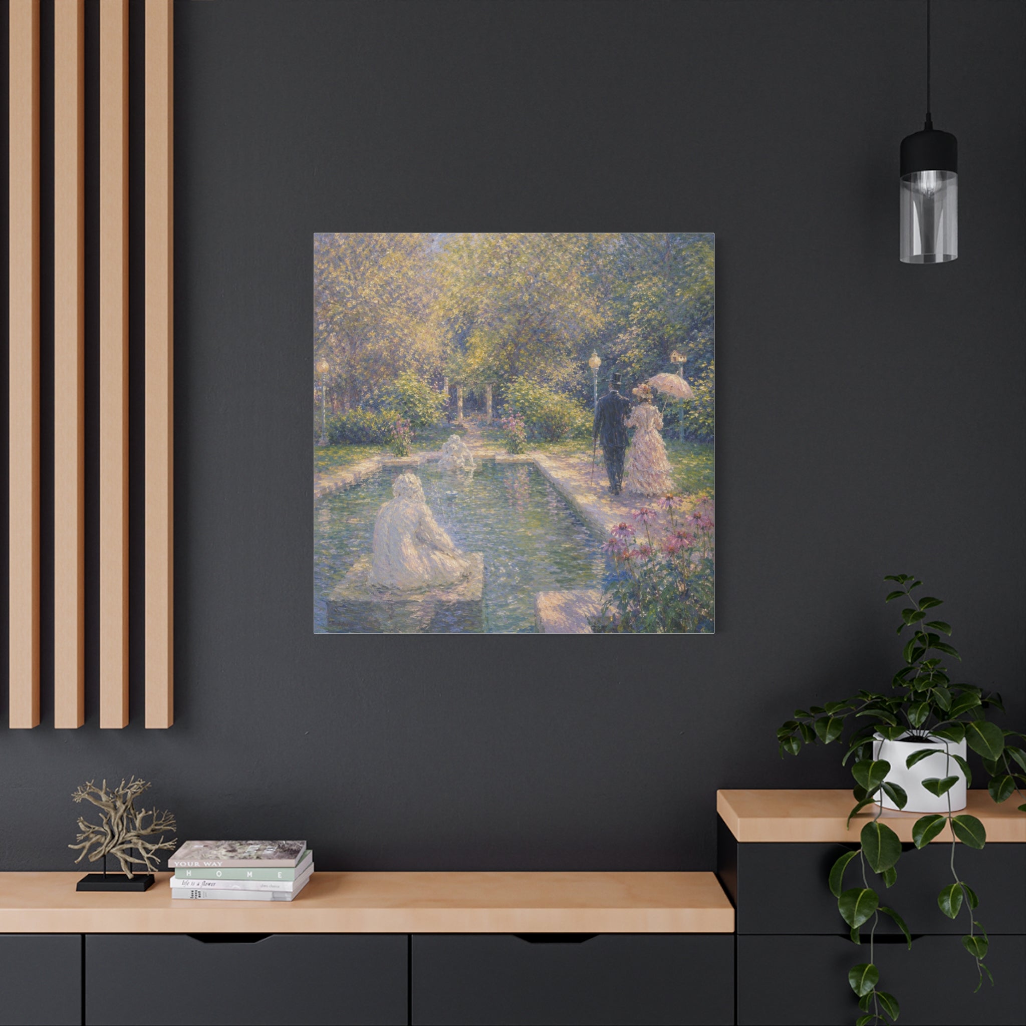 Impressionist Garden Stroll Matte Canvas Wall Art — Victorian Couple by Congress Park Fountain