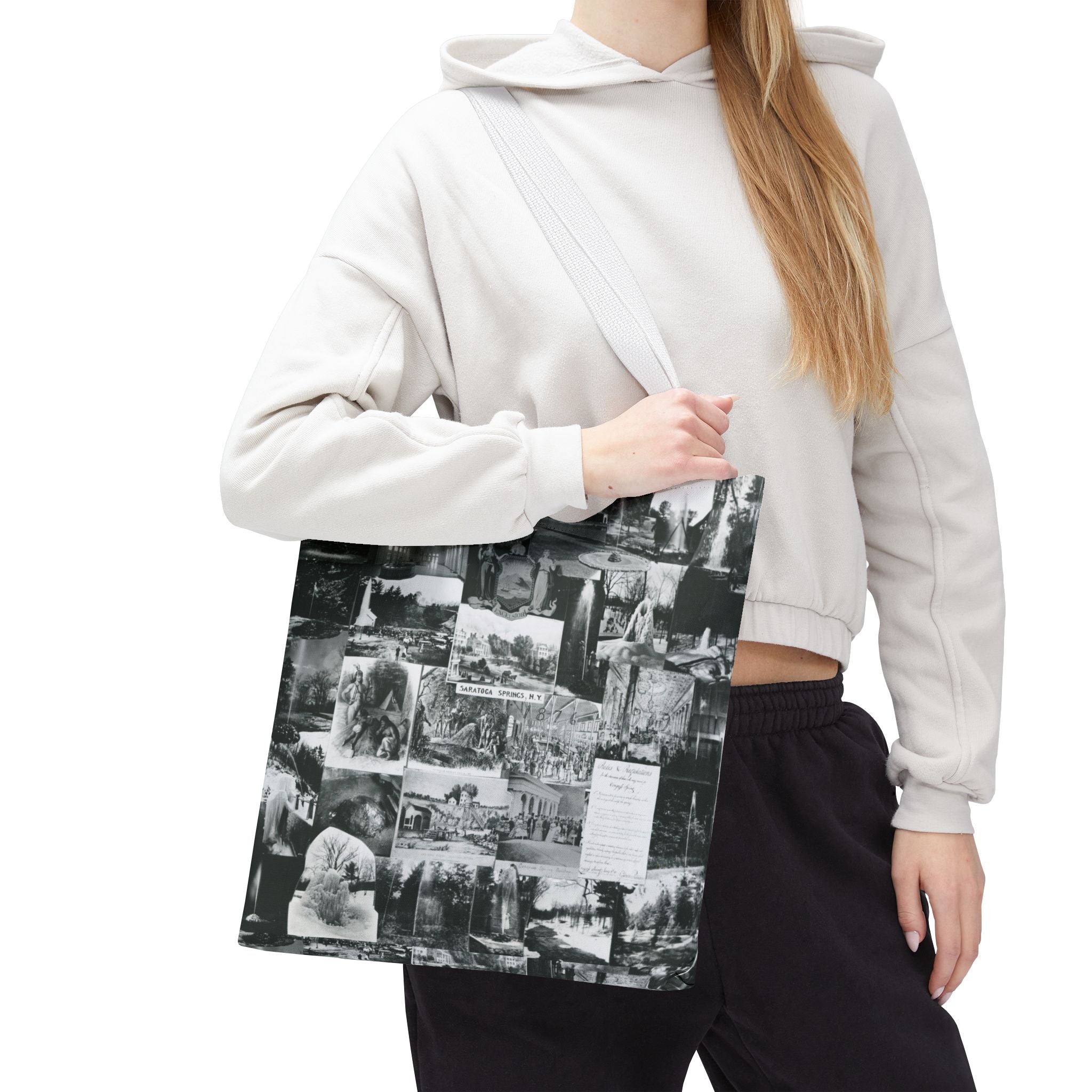 Saratoga Springs Vintage Photo Collage Tote Bag — Black & White Souvenir