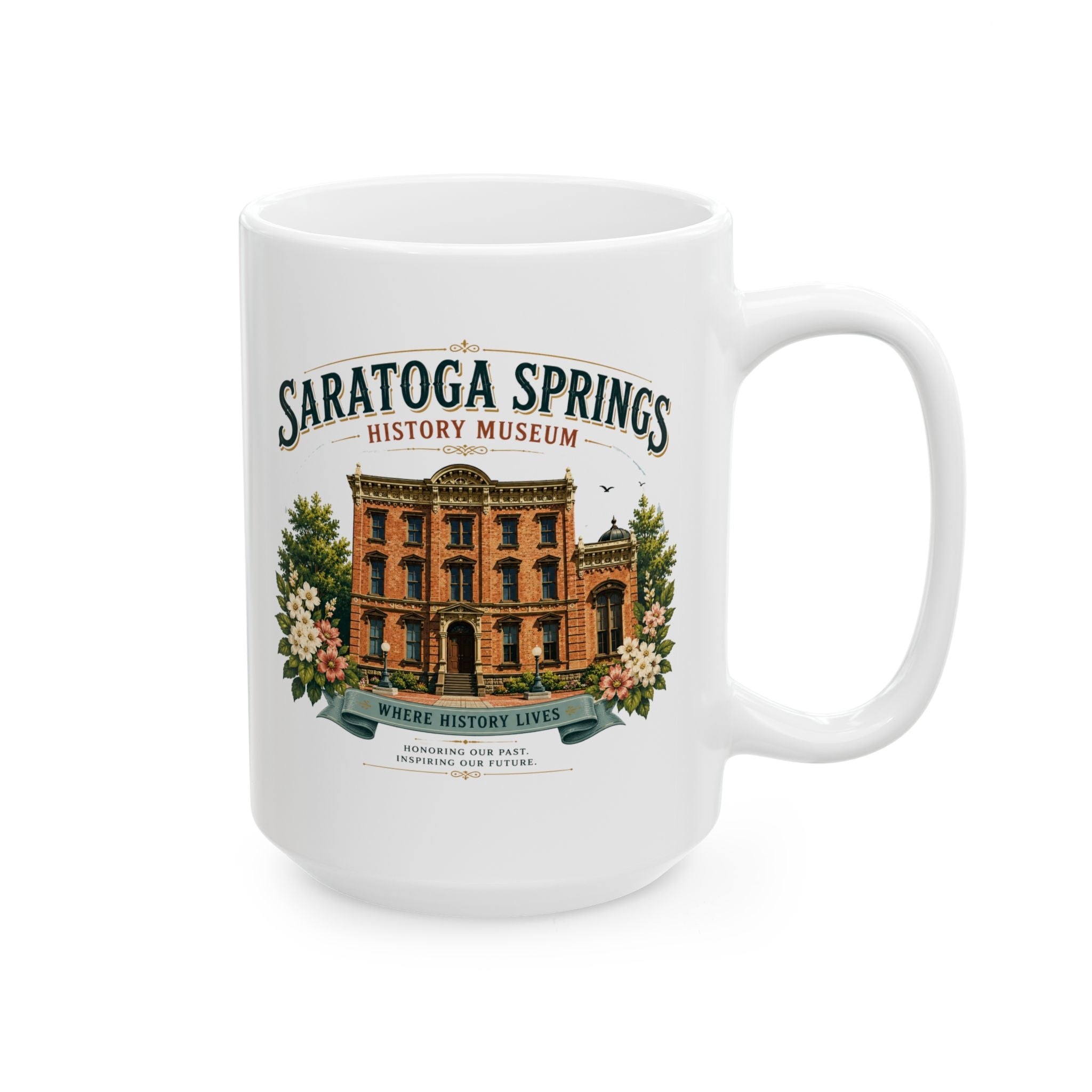 Saratoga Springs Illustrated Ceramic Mug — Congress Park Floral Souvenir (11oz/15oz)