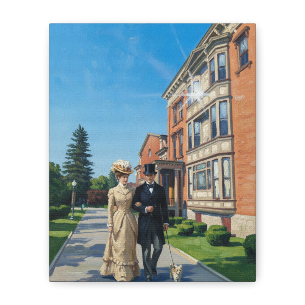 Saratoga Springs Watercolor Canvas Print — Couple Walking Dog by Canfield Casino
