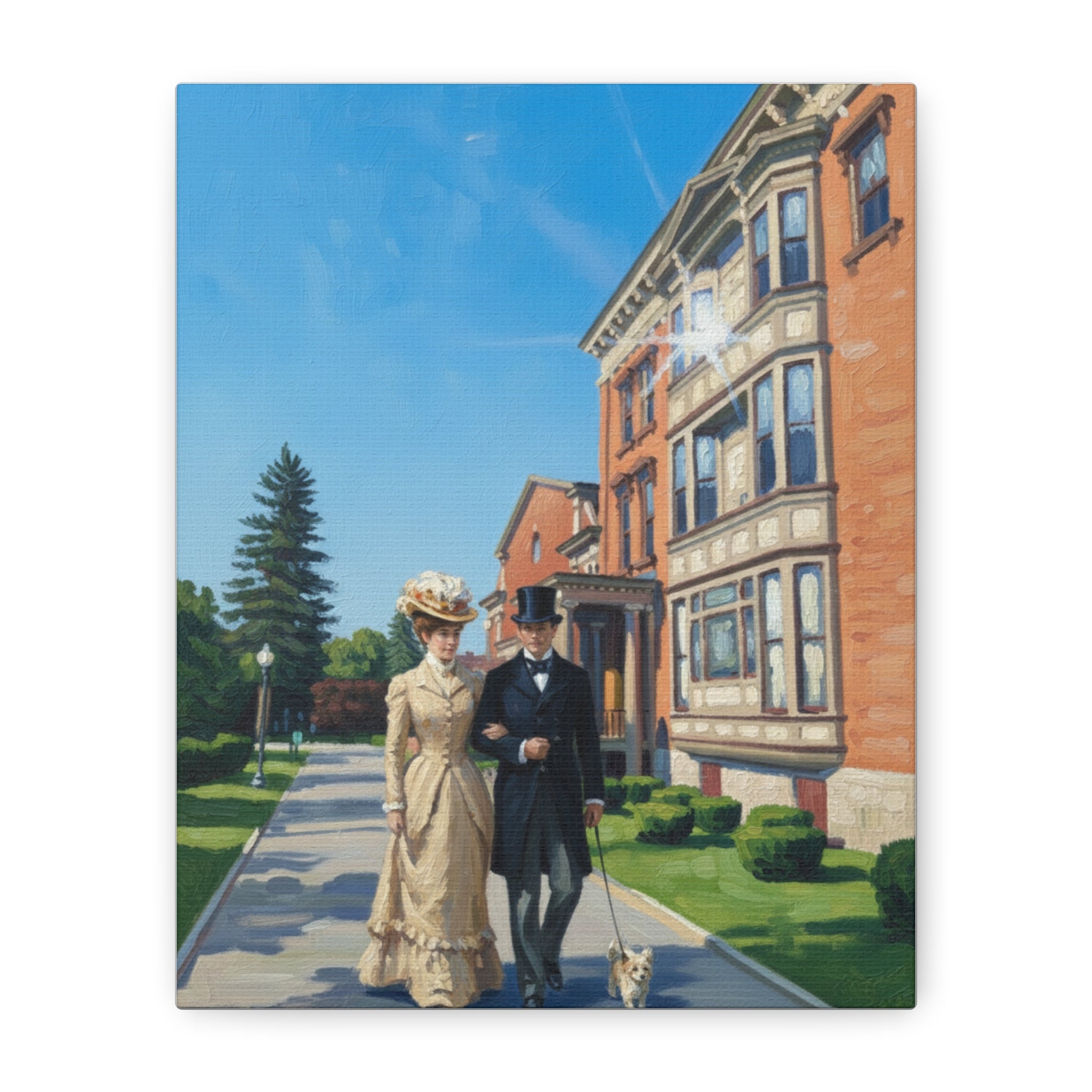 Saratoga Springs Watercolor Canvas Print — Couple Walking Dog by Canfield Casino
