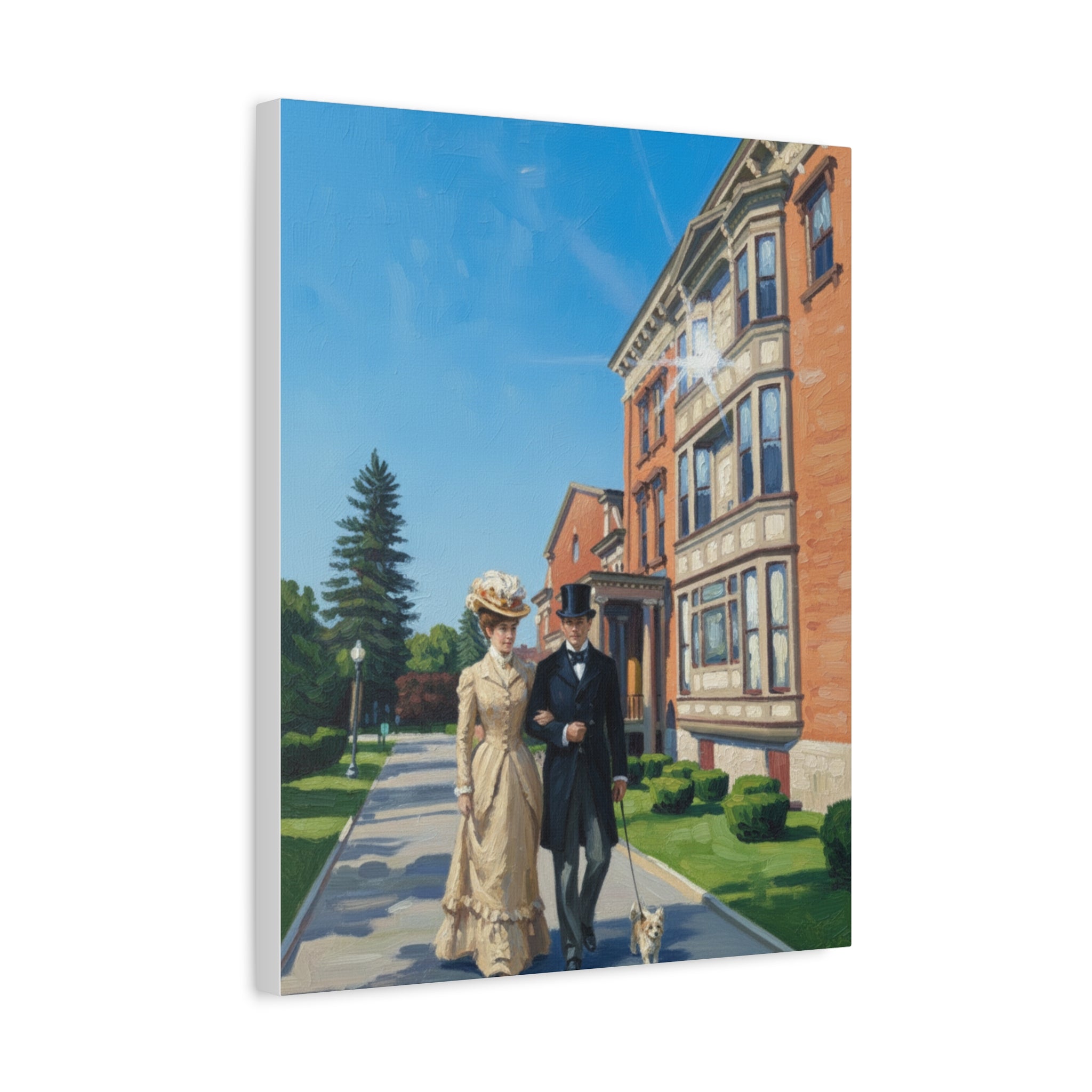 Saratoga Springs Watercolor Canvas Print — Couple Walking Dog by Canfield Casino