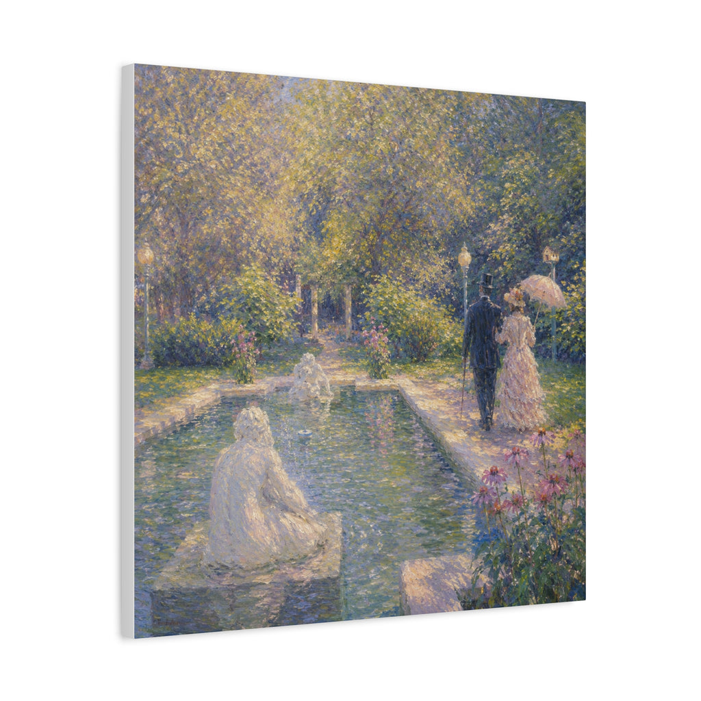 Impressionist Garden Stroll Matte Canvas Wall Art — Victorian Couple by Congress Park Fountain