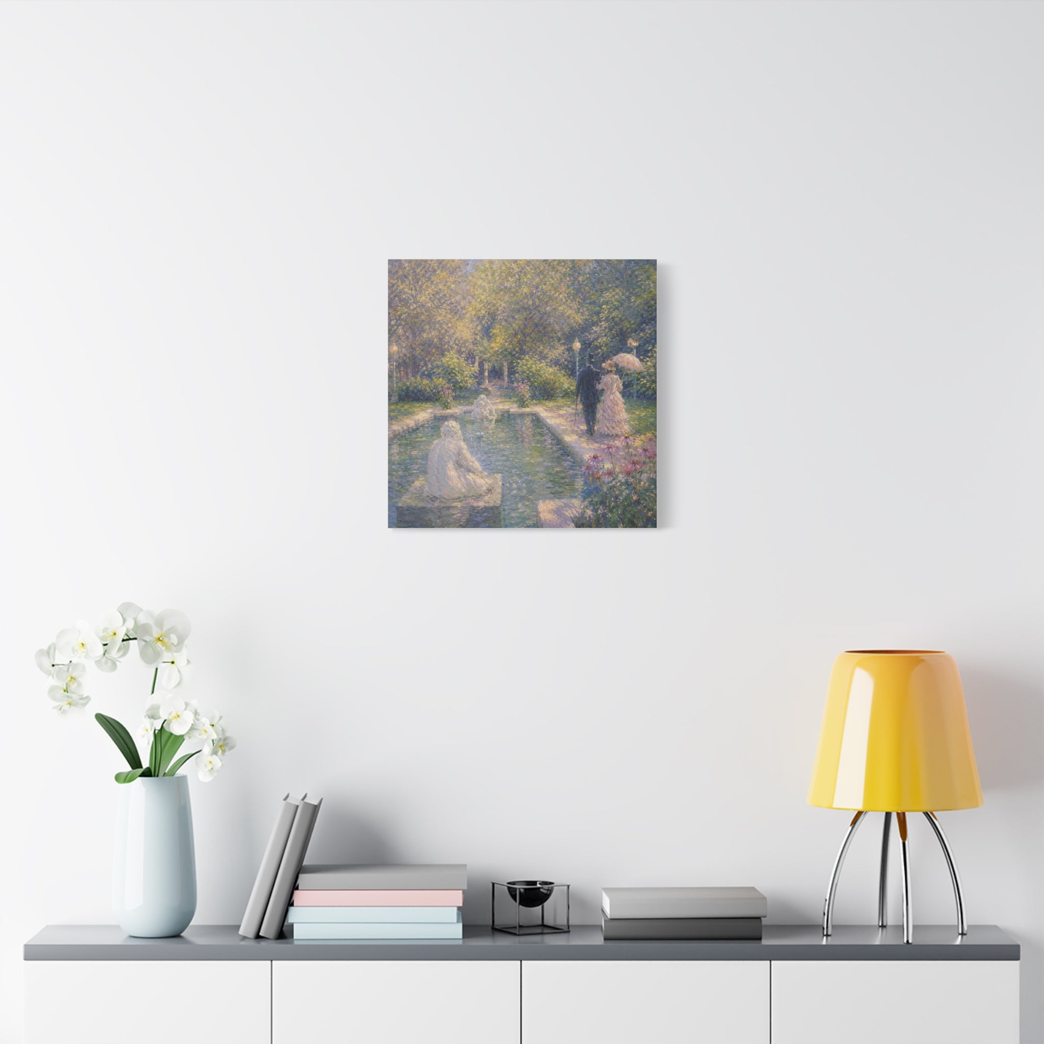 Impressionist Garden Stroll Matte Canvas Wall Art — Victorian Couple by Congress Park Fountain
