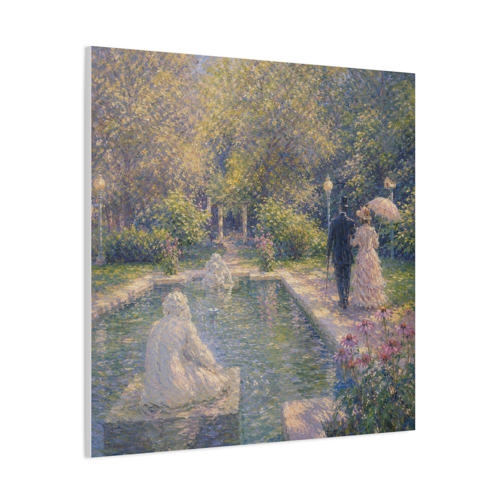 Impressionist Garden Stroll Matte Canvas Wall Art — Victorian Couple by Congress Park Fountain