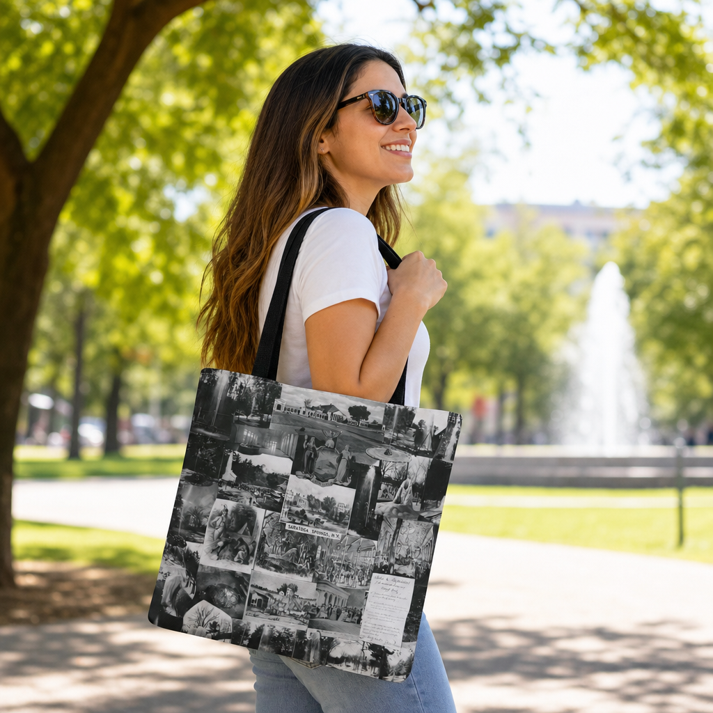 Saratoga Springs Vintage Photo Collage Tote Bag — Black & White Souvenir