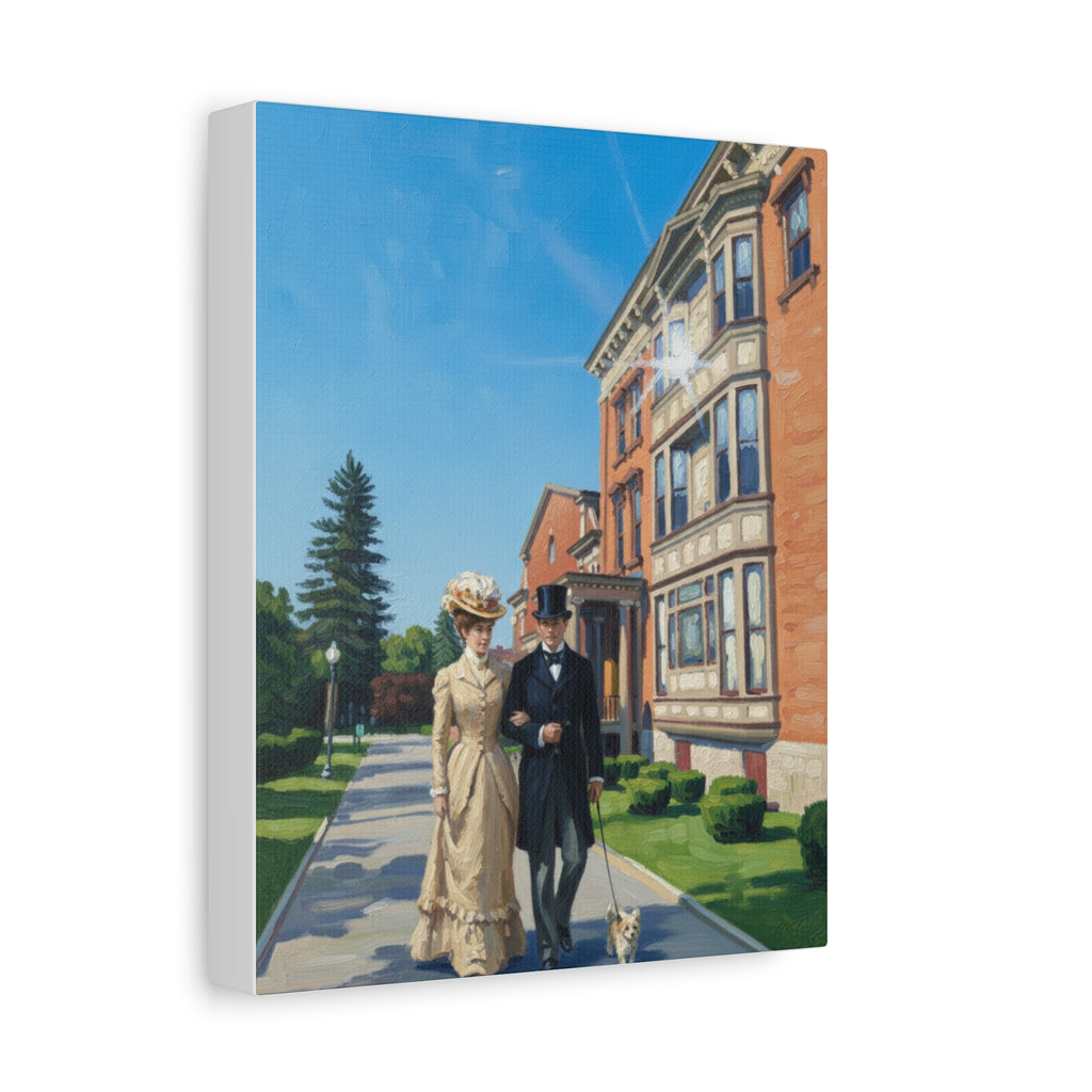 Saratoga Springs Watercolor Canvas Print — Couple Walking Dog by Canfield Casino