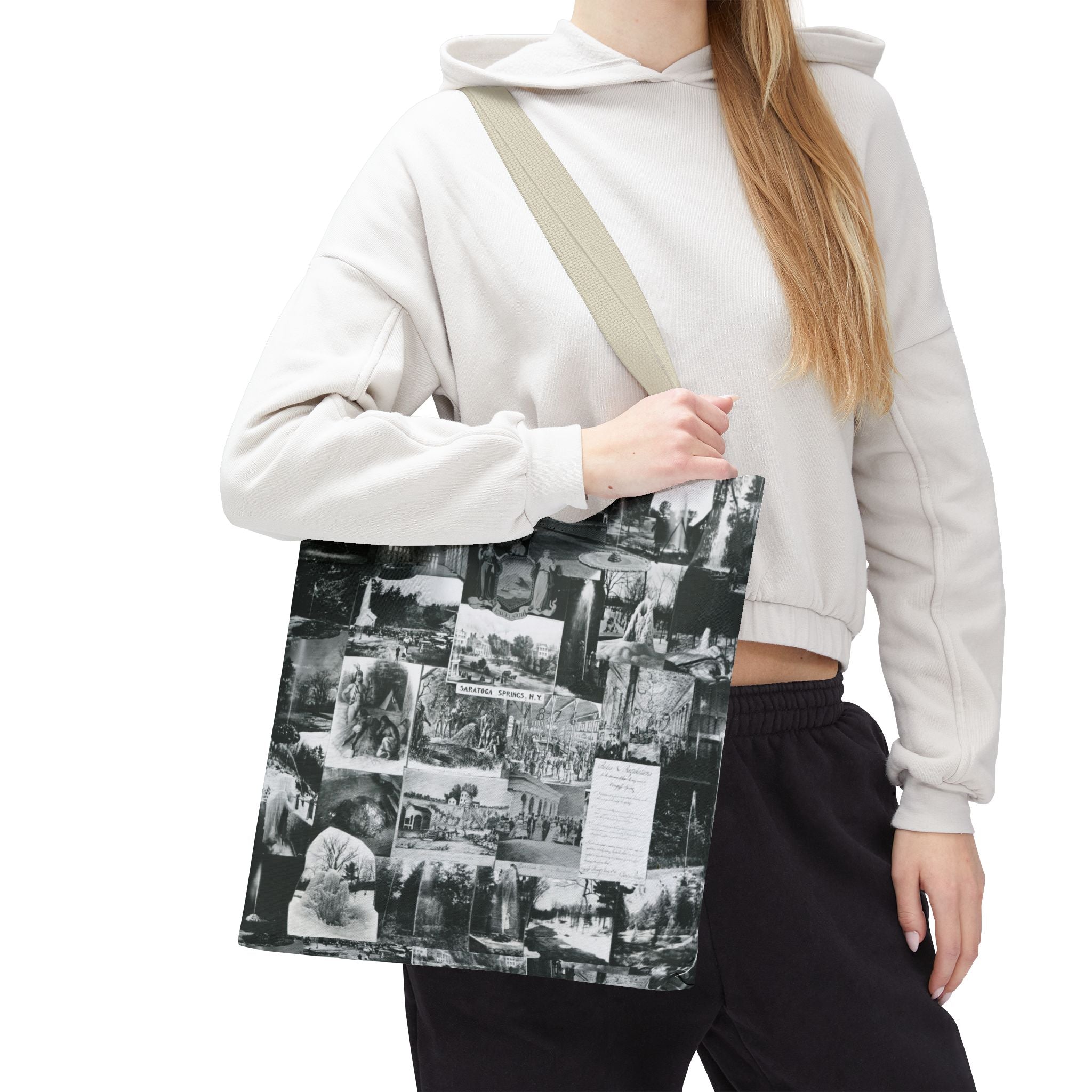 Saratoga Springs Vintage Photo Collage Tote Bag — Black & White Souvenir