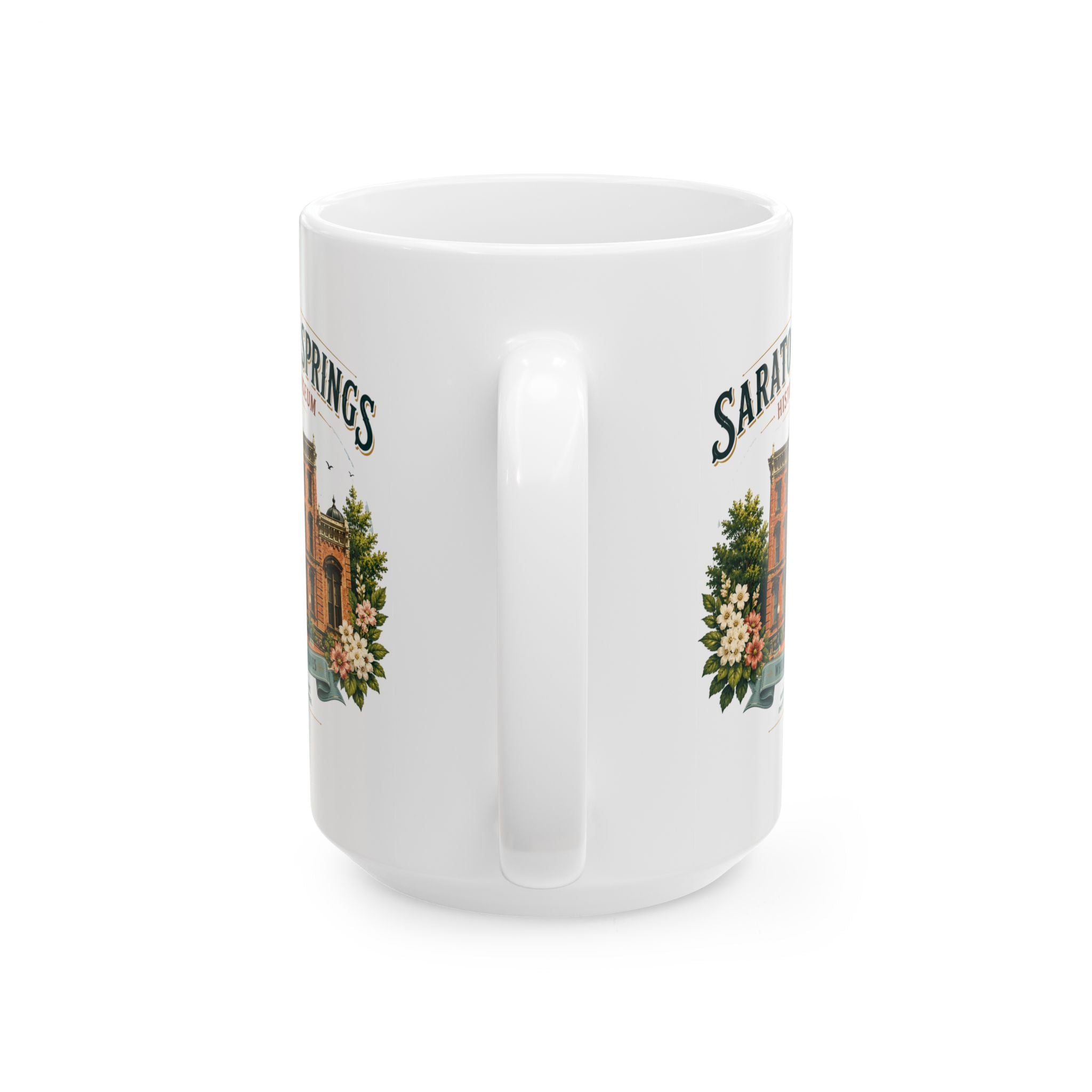 Saratoga Springs Illustrated Ceramic Mug — Congress Park Floral Souvenir (11oz/15oz)