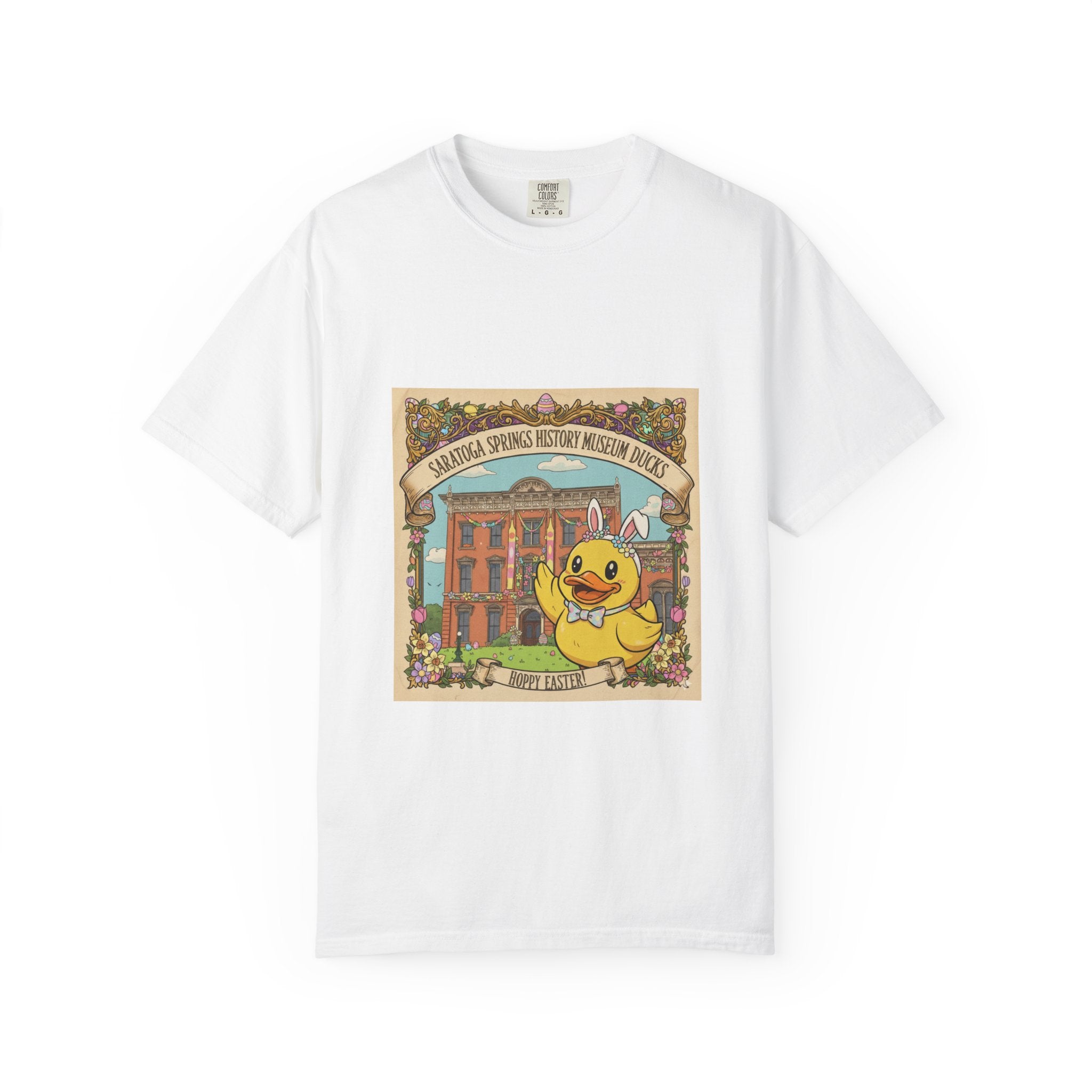 Saratoga Springs History Museum Duckling T-shirt | Easter Bunny Ears, Floral Vintage Illustration