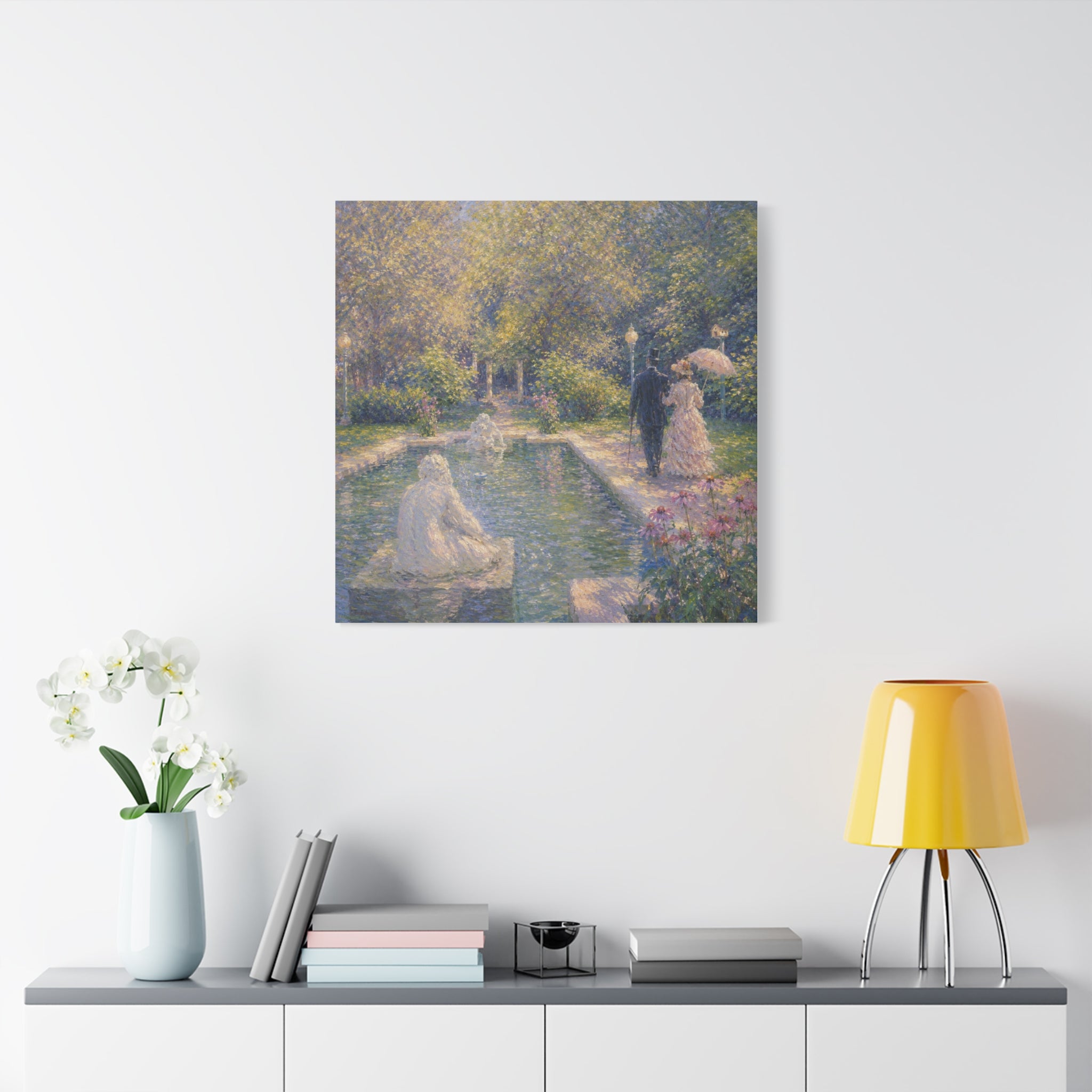 Impressionist Garden Stroll Matte Canvas Wall Art — Victorian Couple by Congress Park Fountain